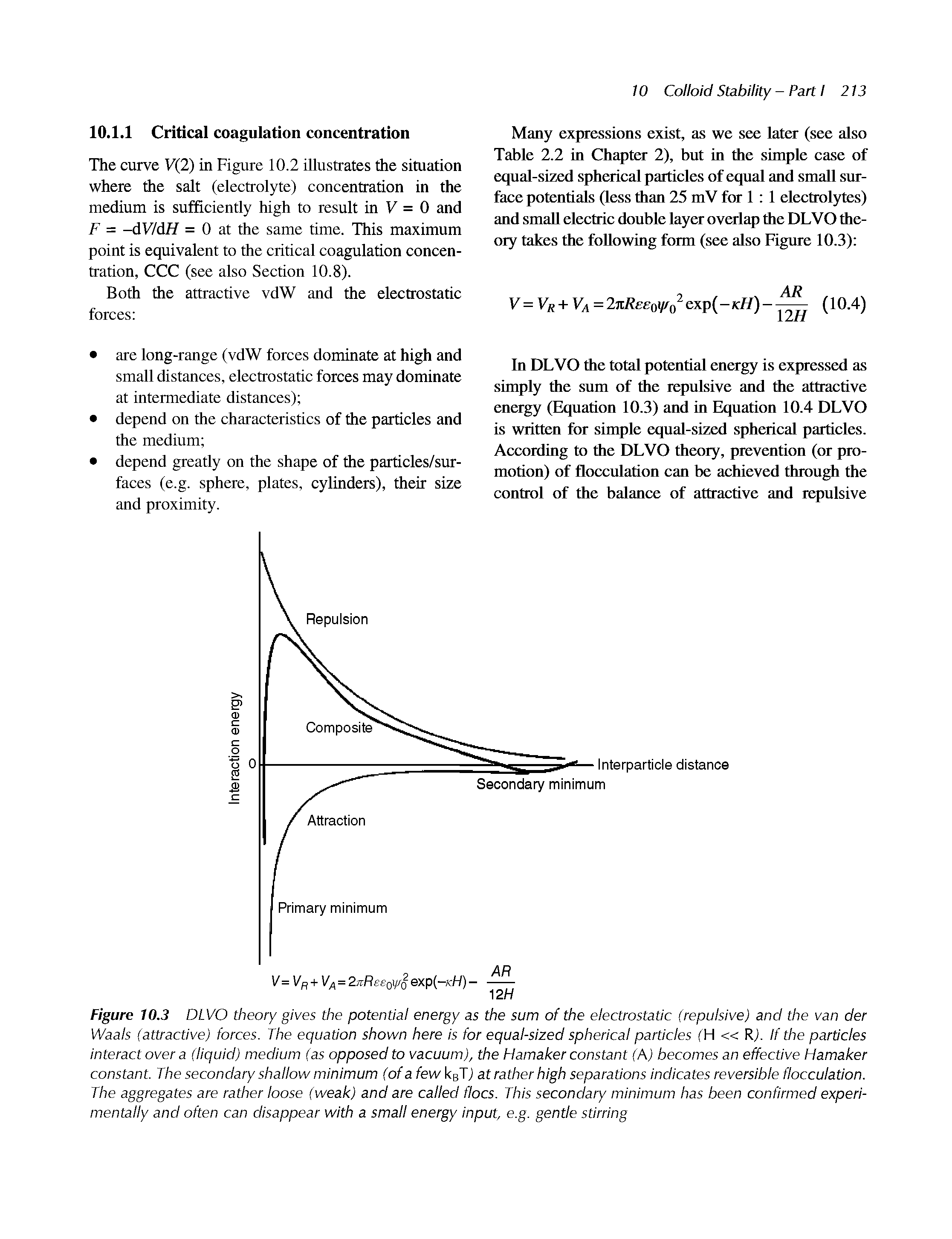 Figure 10.3 DLVO theory gives the potential energy as the sum of the electrostatic (repulsive) and the van der Waals (attractive) forces. The equation shown here is for equal-sized spherical particles (H R). If the particles Interact over a (liquid) medium (as opposed to vacuum), the Hamaker constant (A) becomes an effective Hamaker constant. The secondary shallow minimum (of a few kaTj at rather high separations indicates reversible flocculation. The aggregates are rather loose (weak) and are called floes. This secondary minimum has been confirmed experimentally and often can disappear with a small energy input, e.g. gentle stirring...