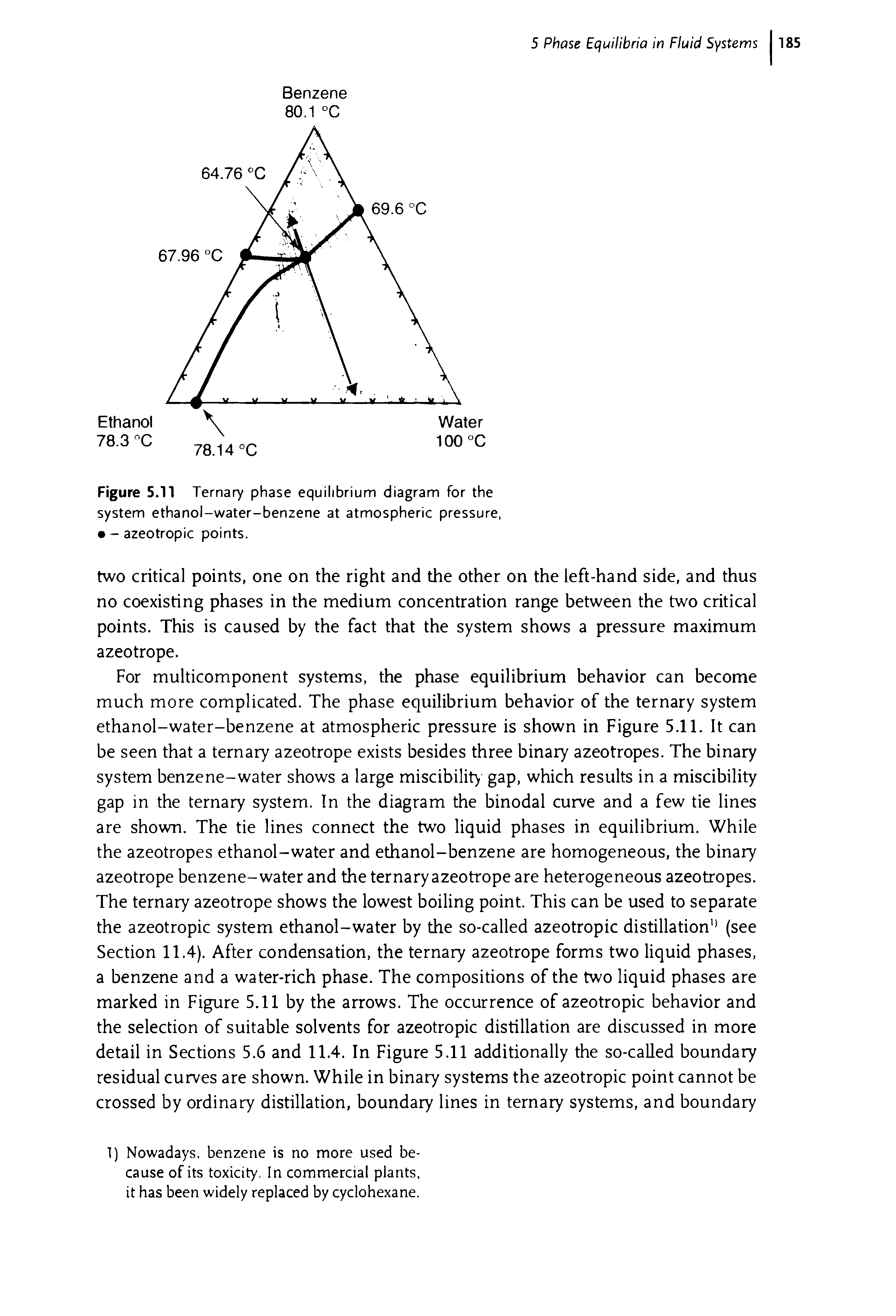 Figure 5.11 Ternary phase equilibrium diagram for the system ethanol-water-benzene at atmospheric pressure,...