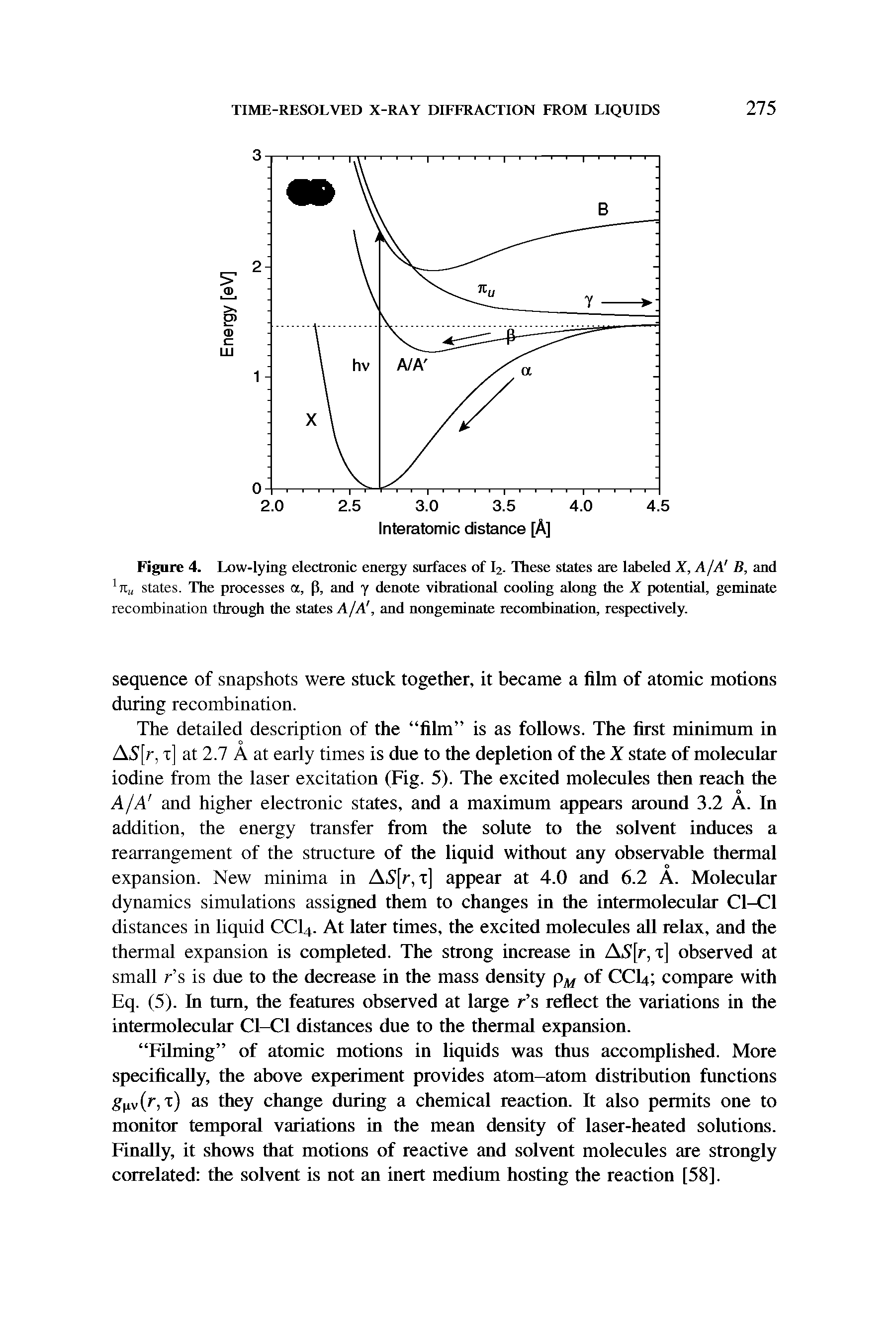 Figure 4. Low-lying electronic energy surfaces of I2. These states are labeled X, A/A B, and states. The processes a, P, and y denote vibrational cooling along the X potential, geminate recombination through the states A/A, and nongeminate recombination, respectively.