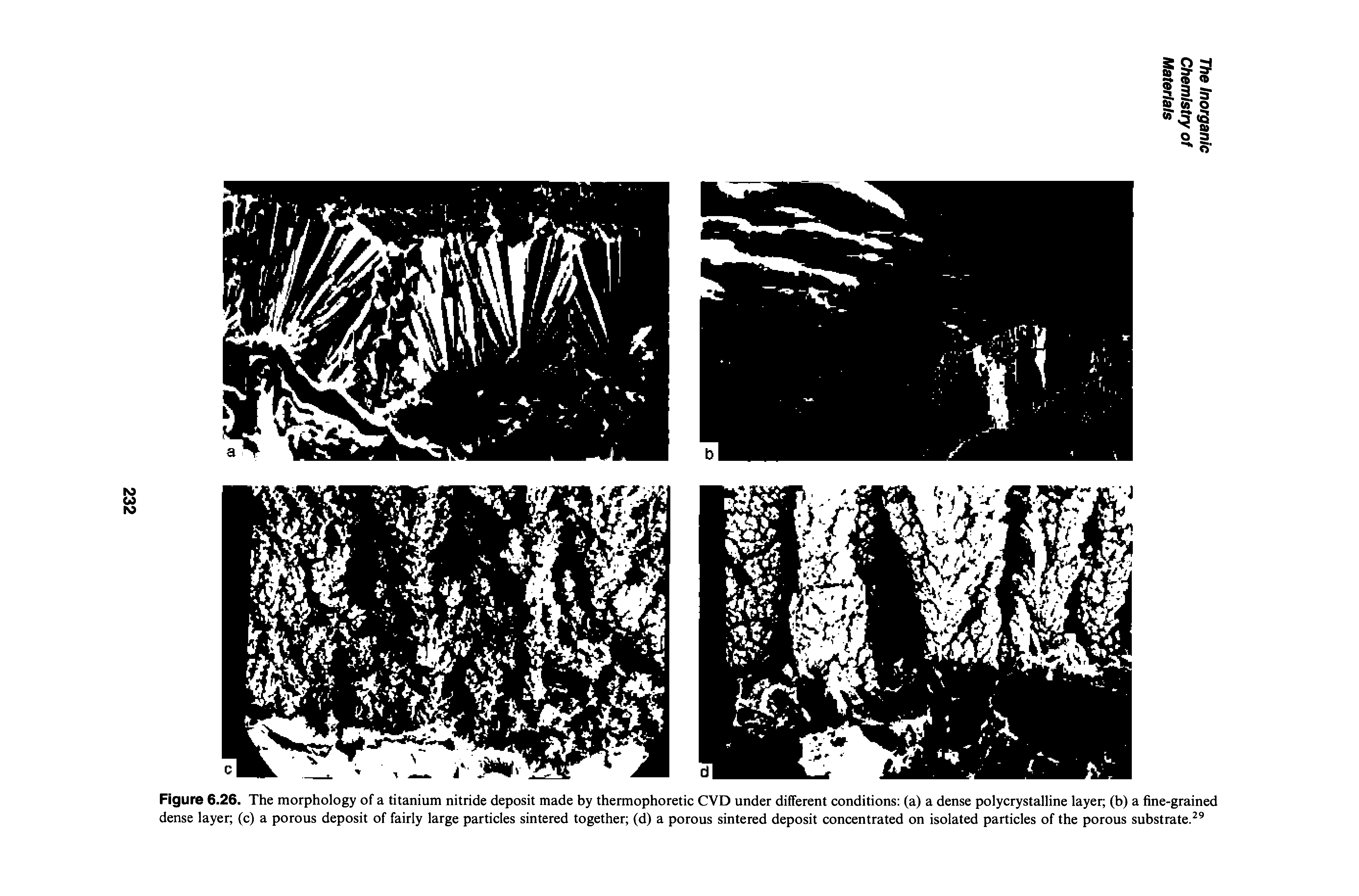 Figure 6.26. The morphology of a titanium nitride deposit made by thermophoretic CVD under different conditions (a) a dense polycrystalline layer (b) a fine-grained dense layer (c) a porous deposit of fairly large particles sintered together (d) a porous sintered deposit concentrated on isolated particles of the porous substrate. ...