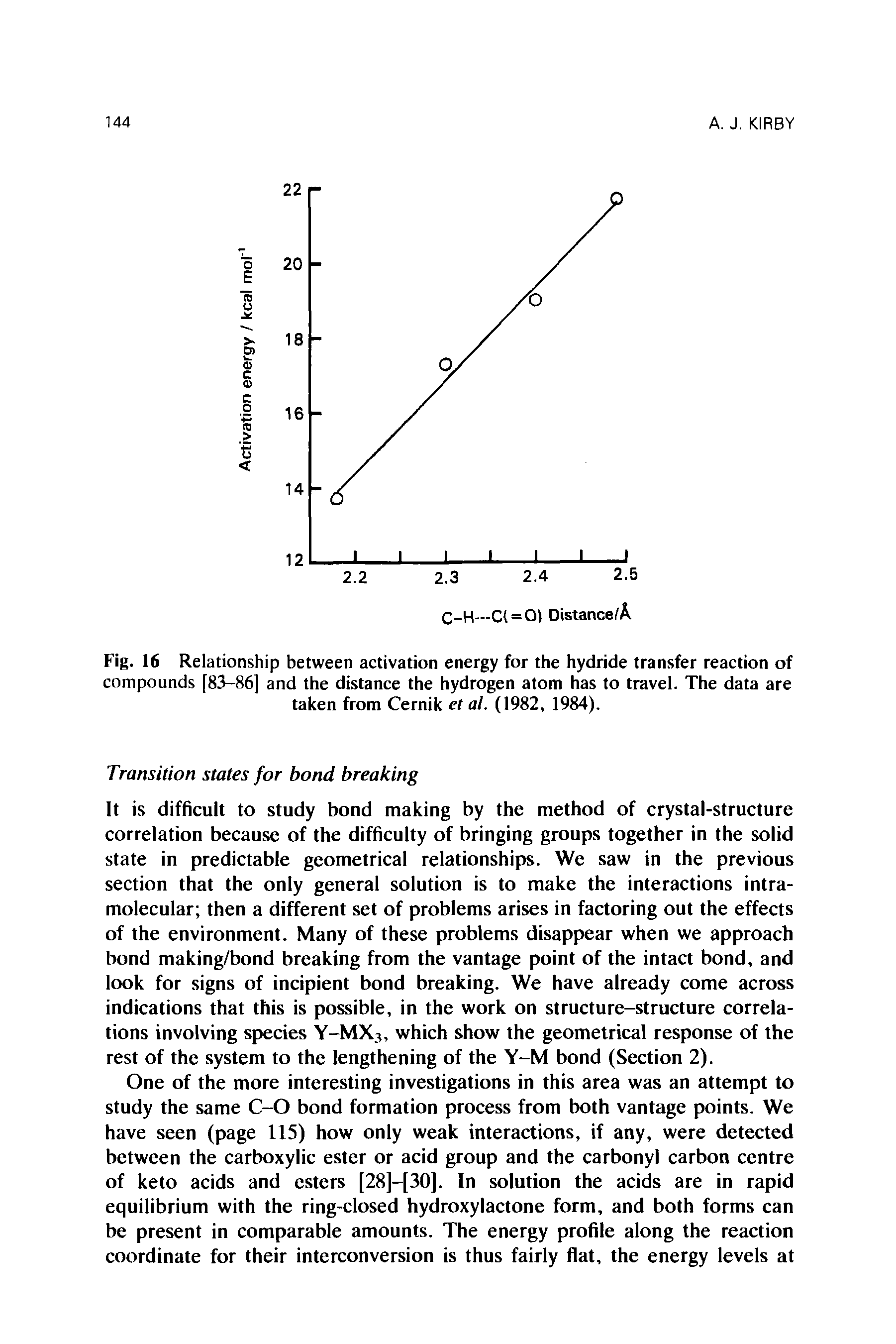 Fig. 16 Relationship between activation energy for the hydride transfer reaction of compounds [83-86] and the distance the hydrogen atom has to travel. The data are taken from Cernik et al. (1982, 1984).
