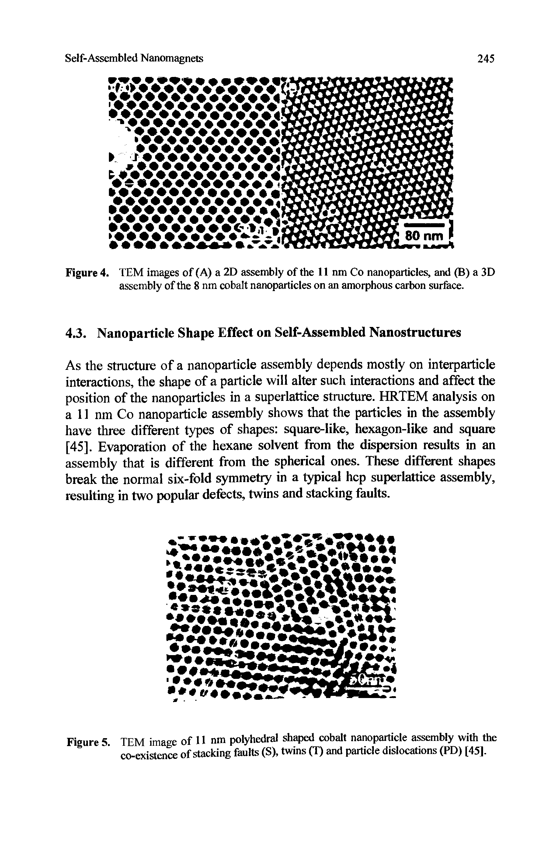 Figure 4. TEM images of (A) a 2D assembly of the 11 nm Co nanoparticles, and (B) a 3D assembly of the 8 nm cobalt nanoparticles on an amorphous carbon surface.