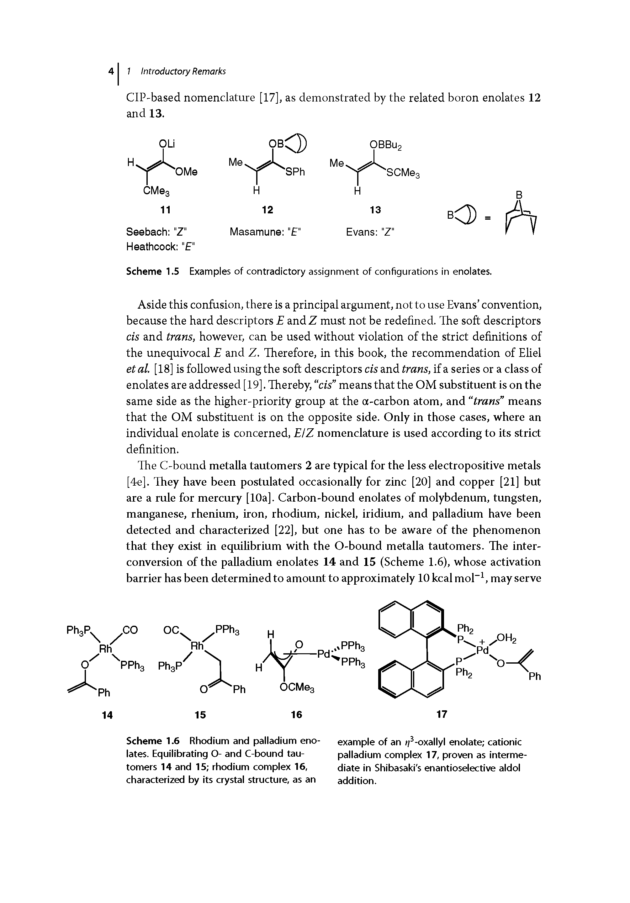 Scheme 1.6 Rhodium and palladium enolates. Equilibrating O- and C-bound tautomers 14 and 15 rhodium complex 16, characterized by its crystal structure, as an...