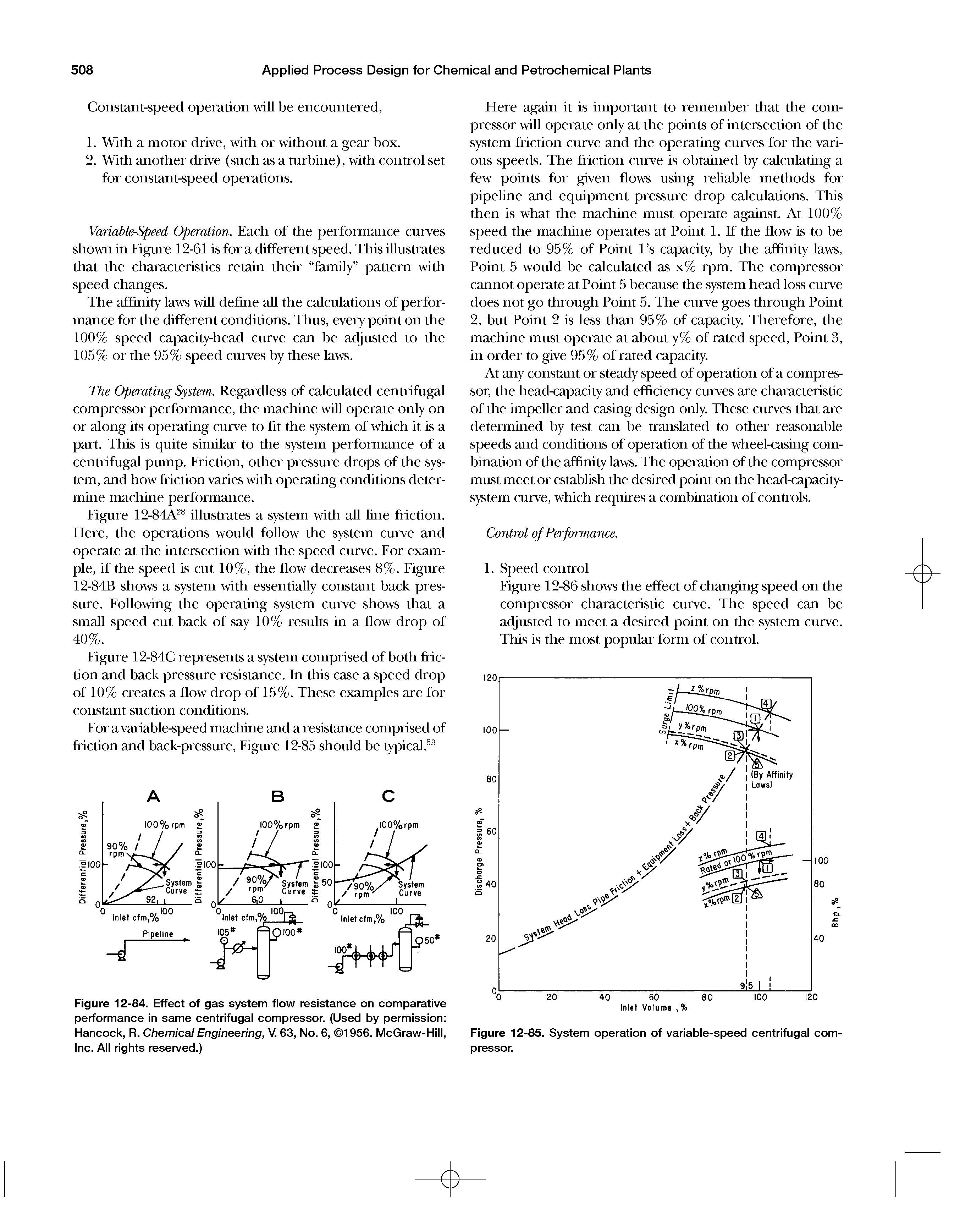 Figure 12-84. Effect of gas system flow resistance on comparative performance in same centrifugal compressor. (Used by permission Hancock, R. Chemical Engineering, V. 63, No. 6, 1956. McGraw-Hill, Inc. All rights reserved.)...