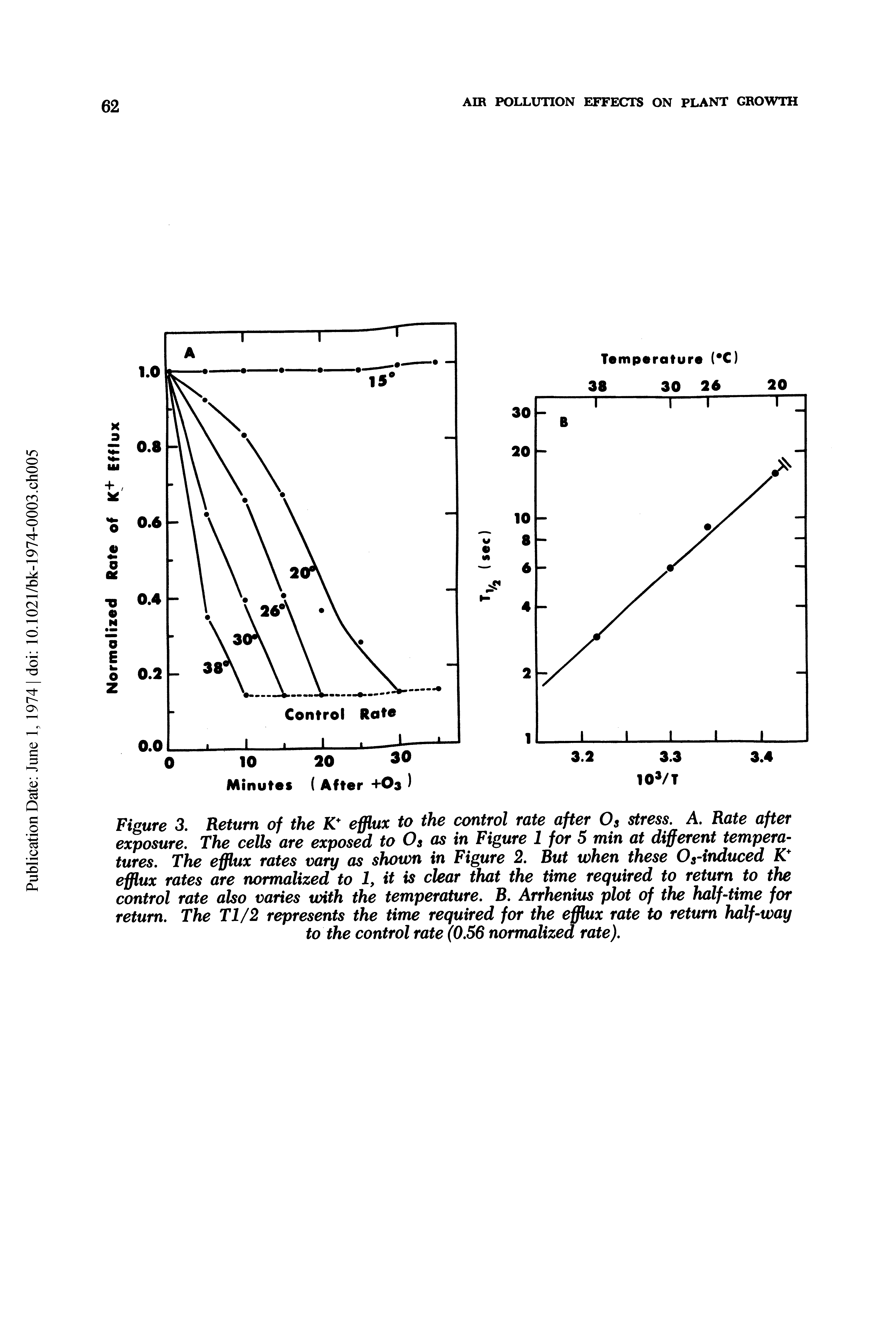 Figure 3. Return of the K efflux to the control rate after 0 stress. A. Rate after exposure. The cells are exposed to Os as in Figure 1 for 5 min at different temperatures. The efflux rates vary as shown in Figure 2. But when these Os-induced K efflux rates are normalized to 1, it is clear that the time required to return to the control rate also varies with the temperature. B. Arrhenius plot of the half-time for return. The Tl/2 represents the time required for the efflux rate to return half-way to the control rate (0.56 normalized rate).