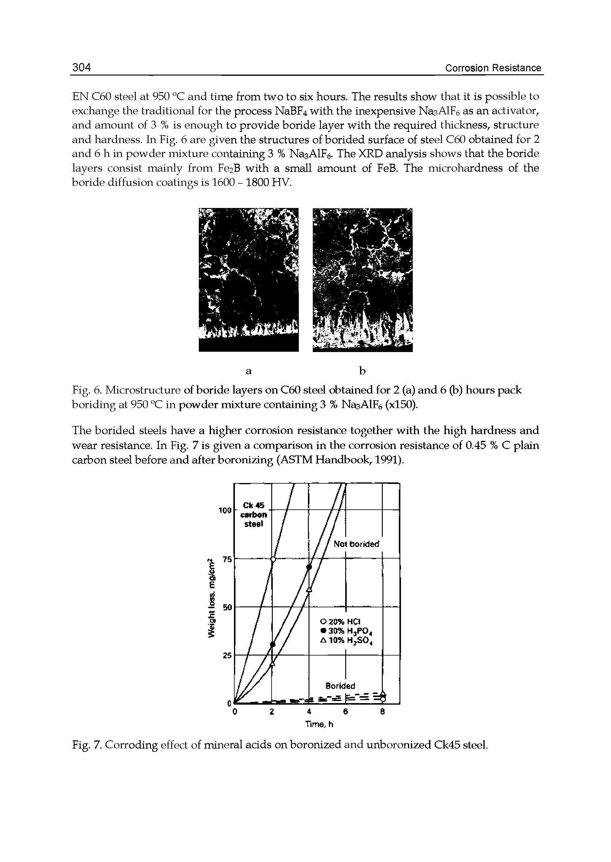 Fig. 6. Microstructure of boride layers on C60 steel obtained for 2 (a) and 6 (b) hours p>ack boriding at 950 °C in powder mixture containing 3 % NasAlFe (xl50).