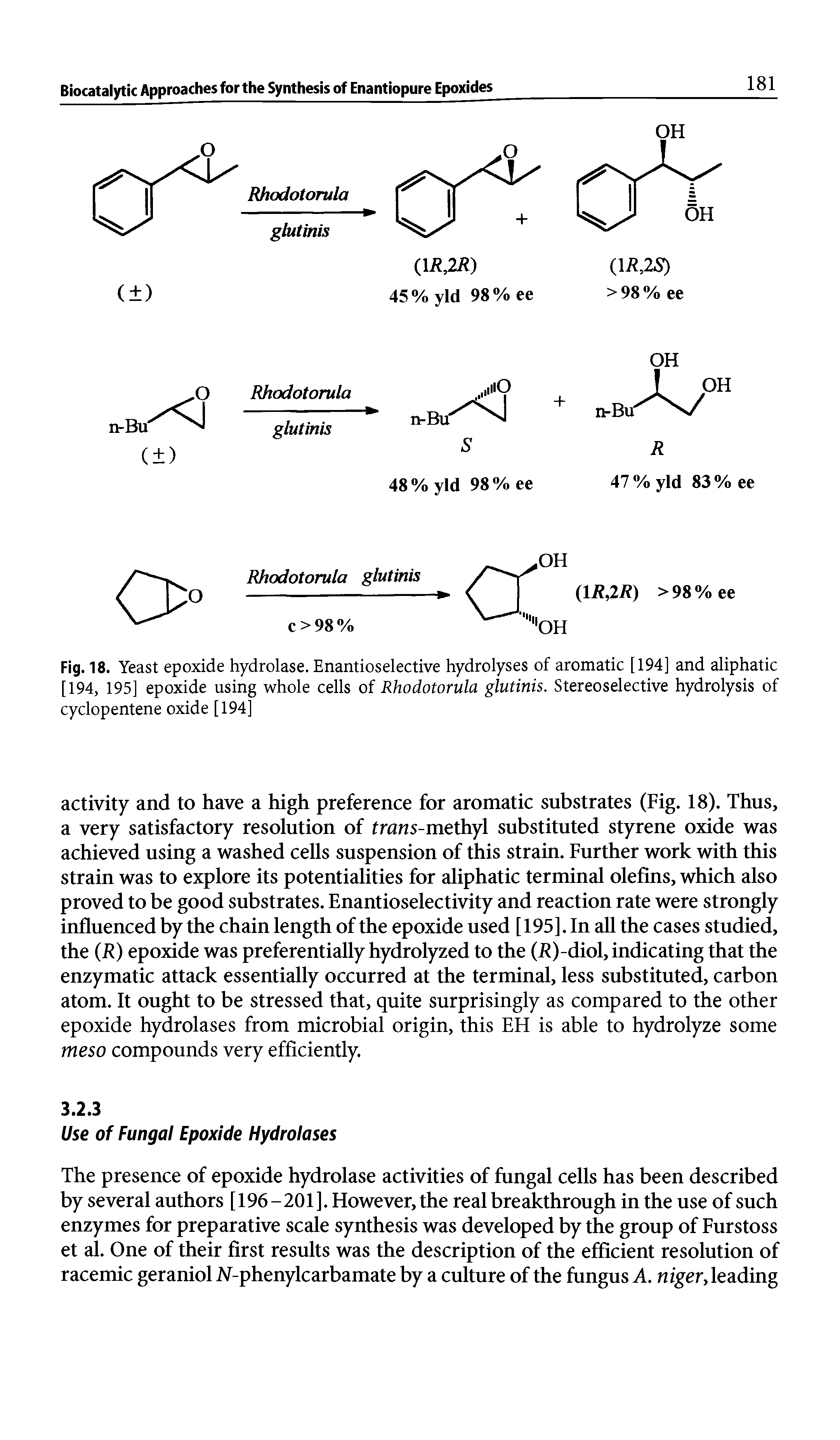 Fig. 18. Yeast epoxide hydrolase. Enantioselective hydrolyses of aromatic [194] and aliphatic [194, 195] epoxide using whole cells of Rhodotorula glutinis. Stereoselective hydrolysis of cyclopentene oxide [194]...