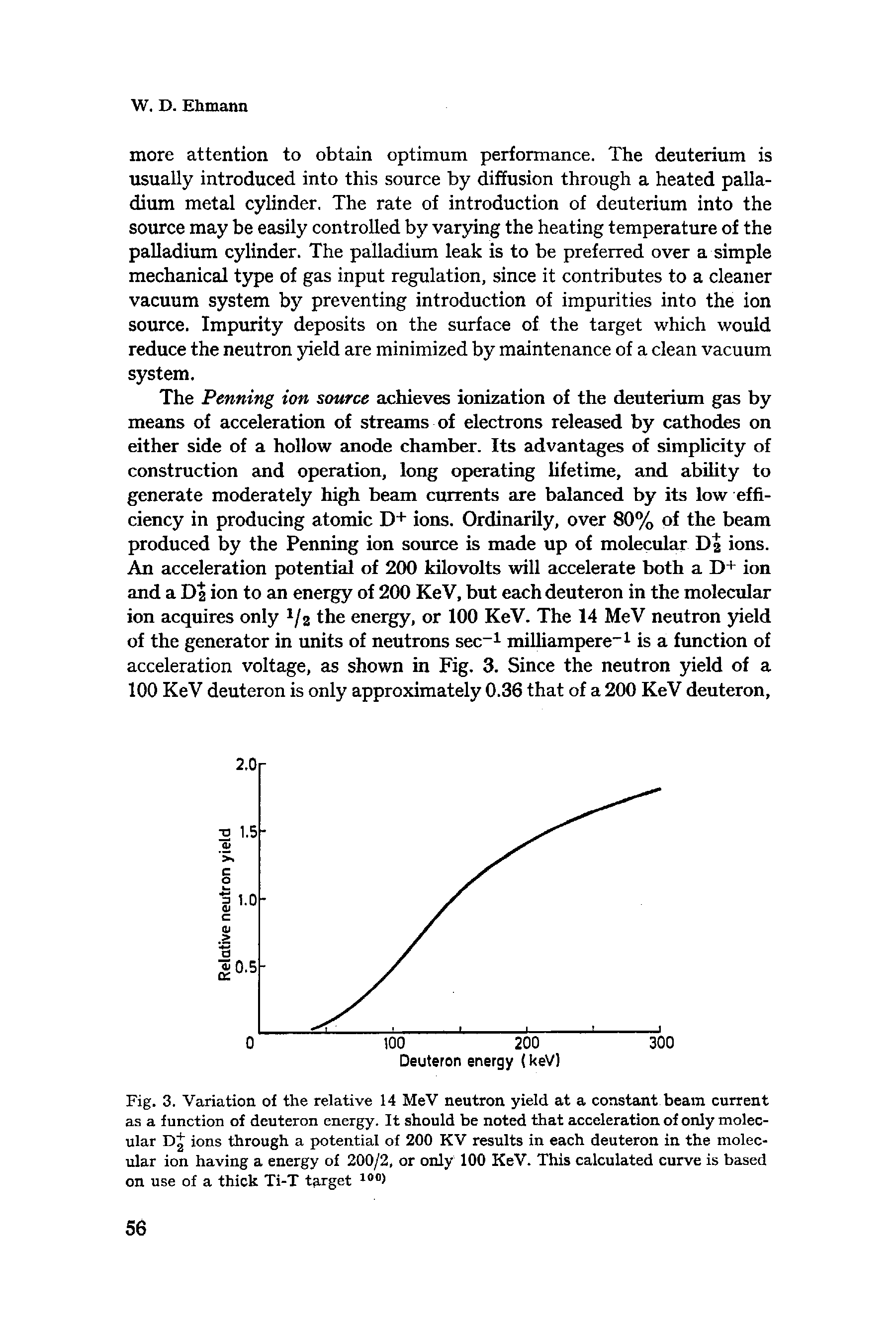 Fig. 3. Variation of the relative 14 MeV neutron yield at a constant beam current as a function of deuteron energy. It should be noted that acceleration of only molecular D j ions through a potential of 200 KV results in each deuteron in the molecular ion having a energy of 200/2, or only 100 KeV. This calculated curve is based on use of a thick Ti-T target 100>...