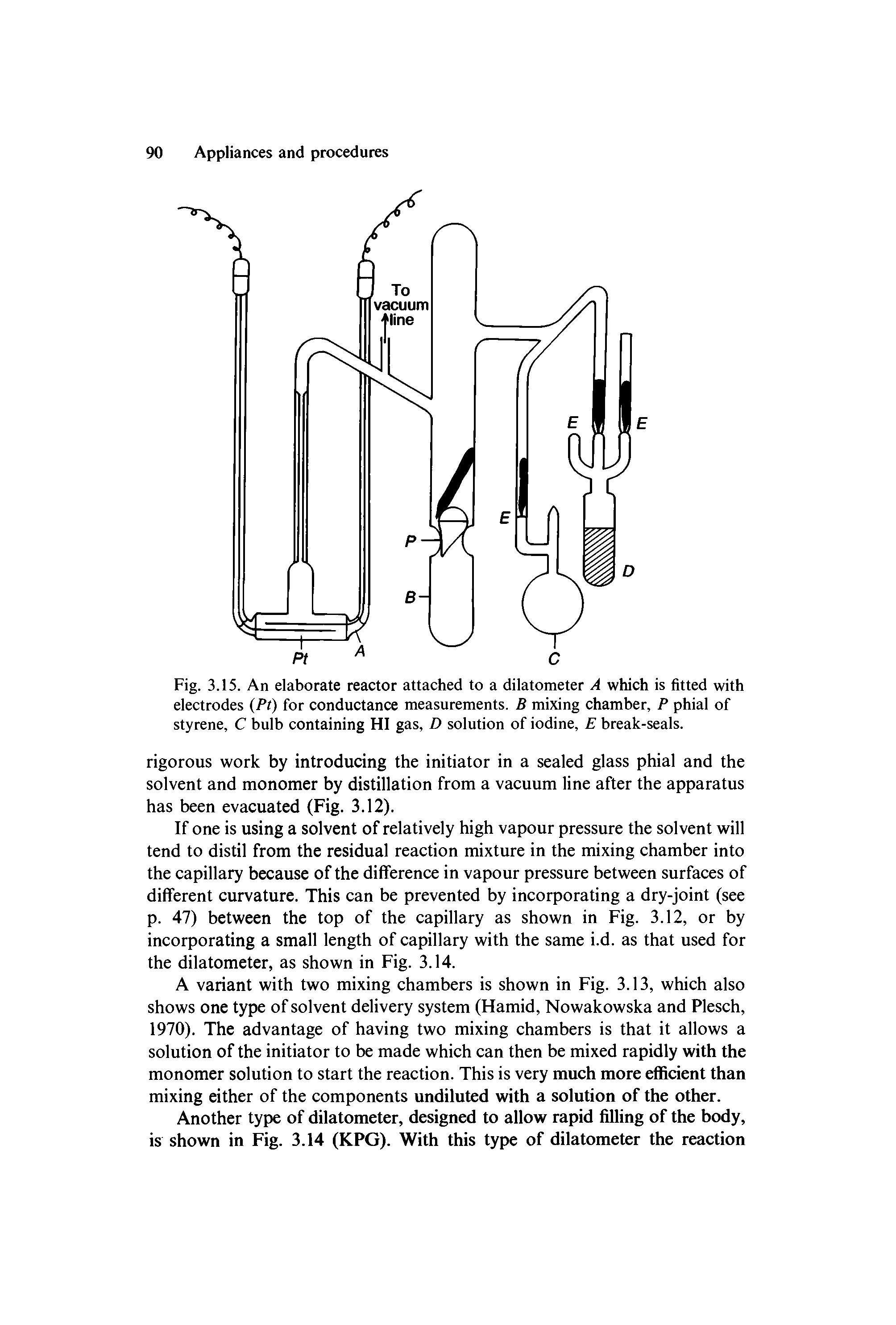 Fig. 3.15. An elaborate reactor attached to a dilatometer A which is fitted with electrodes (Pt) for conductance measurements. B mixing chamber, P phial of styrene, C bulb containing HI gas, D solution of iodine, E break-seals.