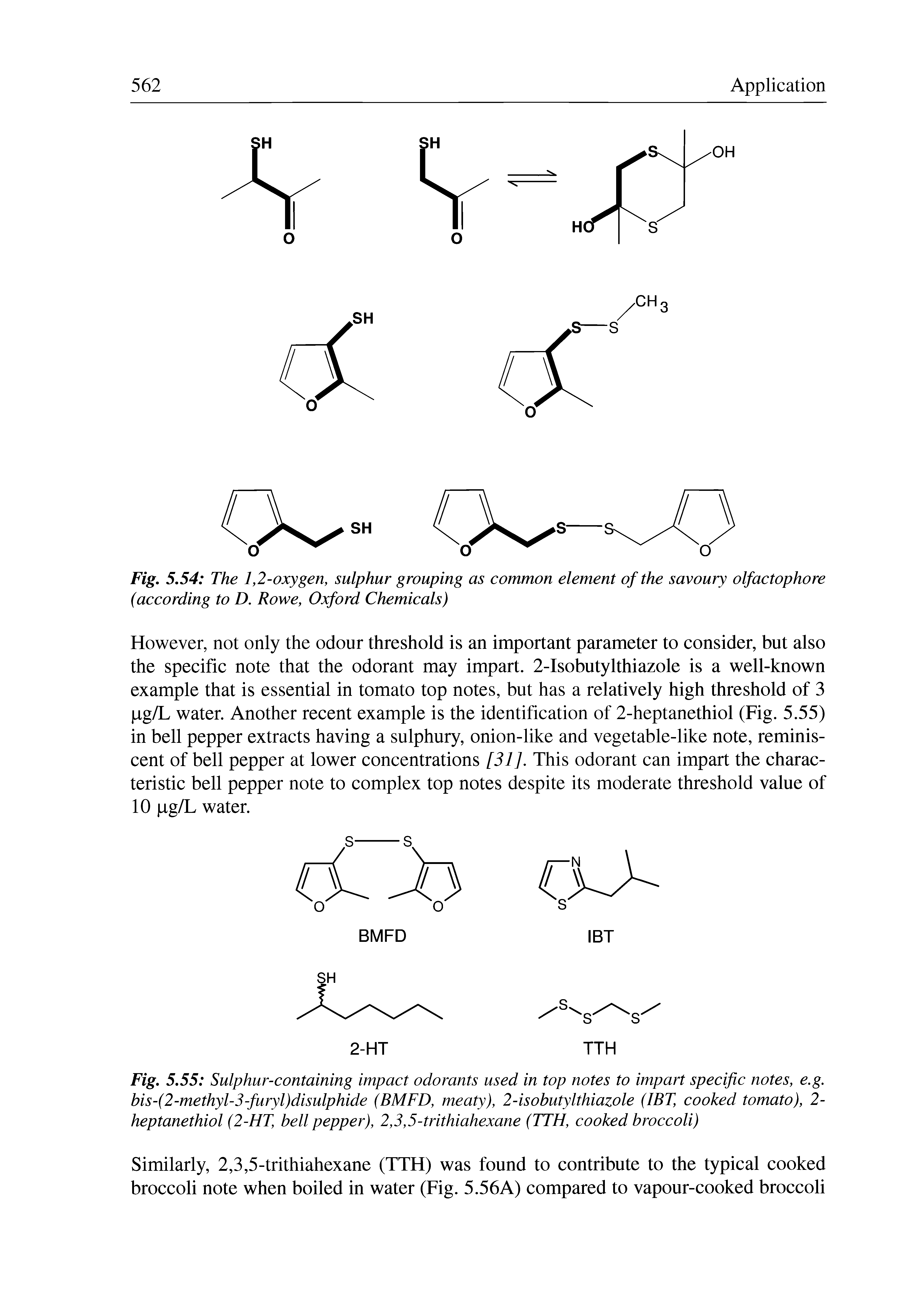 Fig. 5.55 Sulphur-containing impact odorants used in top notes to impart specific notes, e.g. bis-(2-methyl-3-furyl)disulphide (BMFD, meaty), 2-isobutylthiazole (IBT, cooked tomato), 2-heptanethiol (2-HT, bell pepper), 2,3,5-trithiahexane (TTH, cooked broccoli)...