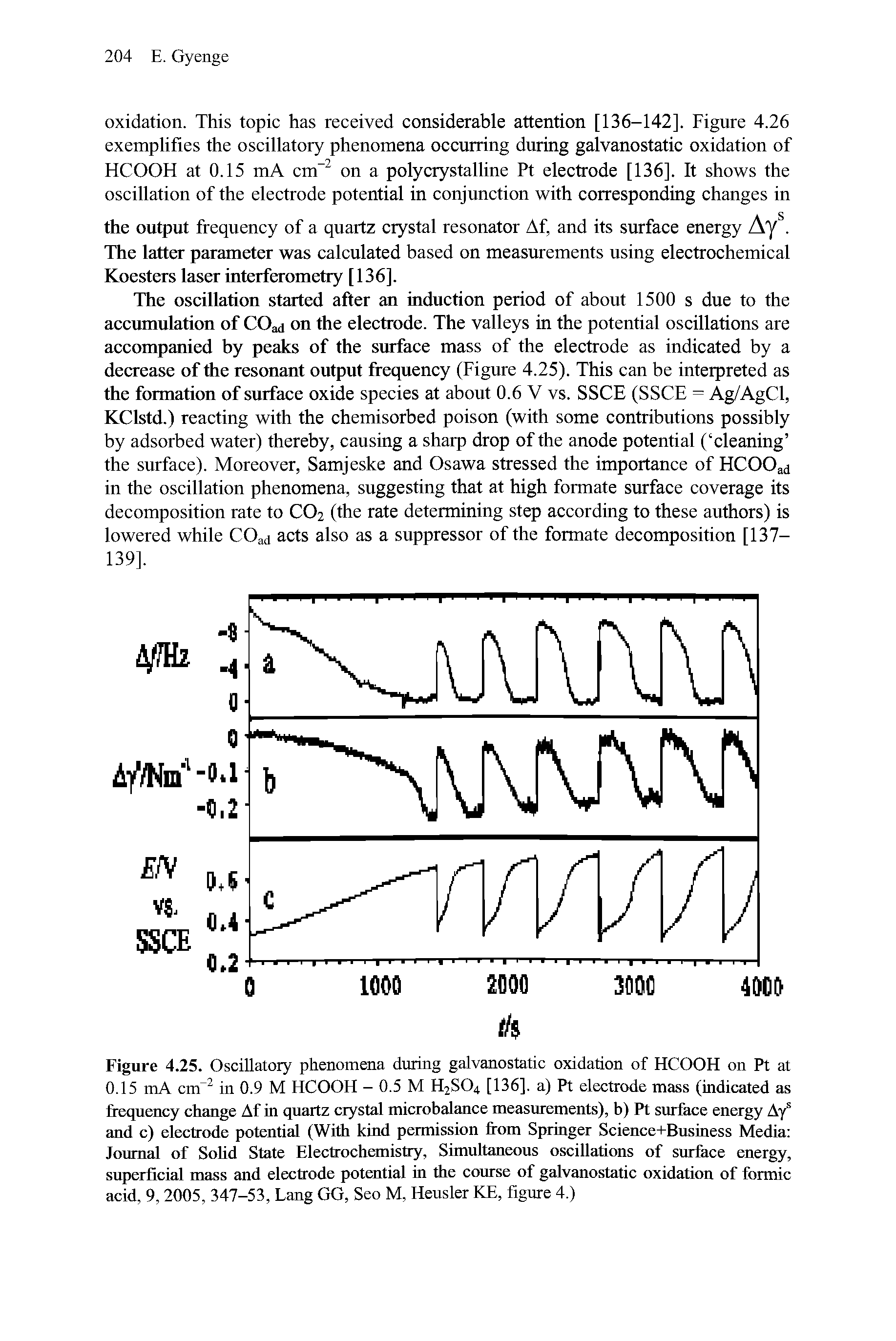 Figure 4.25. Oscillatory phenomena dining galvanostatic oxidation of HCOOH on Pt at 0.15 mA cm in 0.9 M HCOOH - 0.5 M H2SO4 [136]. a) Pt electrode mass (indicated as fiequency change Af in quartz crystal microbalance measurements), b) Pt surface energy Af and c) electrode potential (With kind permission from Springer Science+Business Media Journal of Solid State Electrochemistry, Simultaneous oscillations of surface energy, superficial mass and electrode potential in the course of galvanostatic oxidation of formic acid, 9,2005, 347-53, Lang GG, Seo M, Heusler KE, figure 4.)...