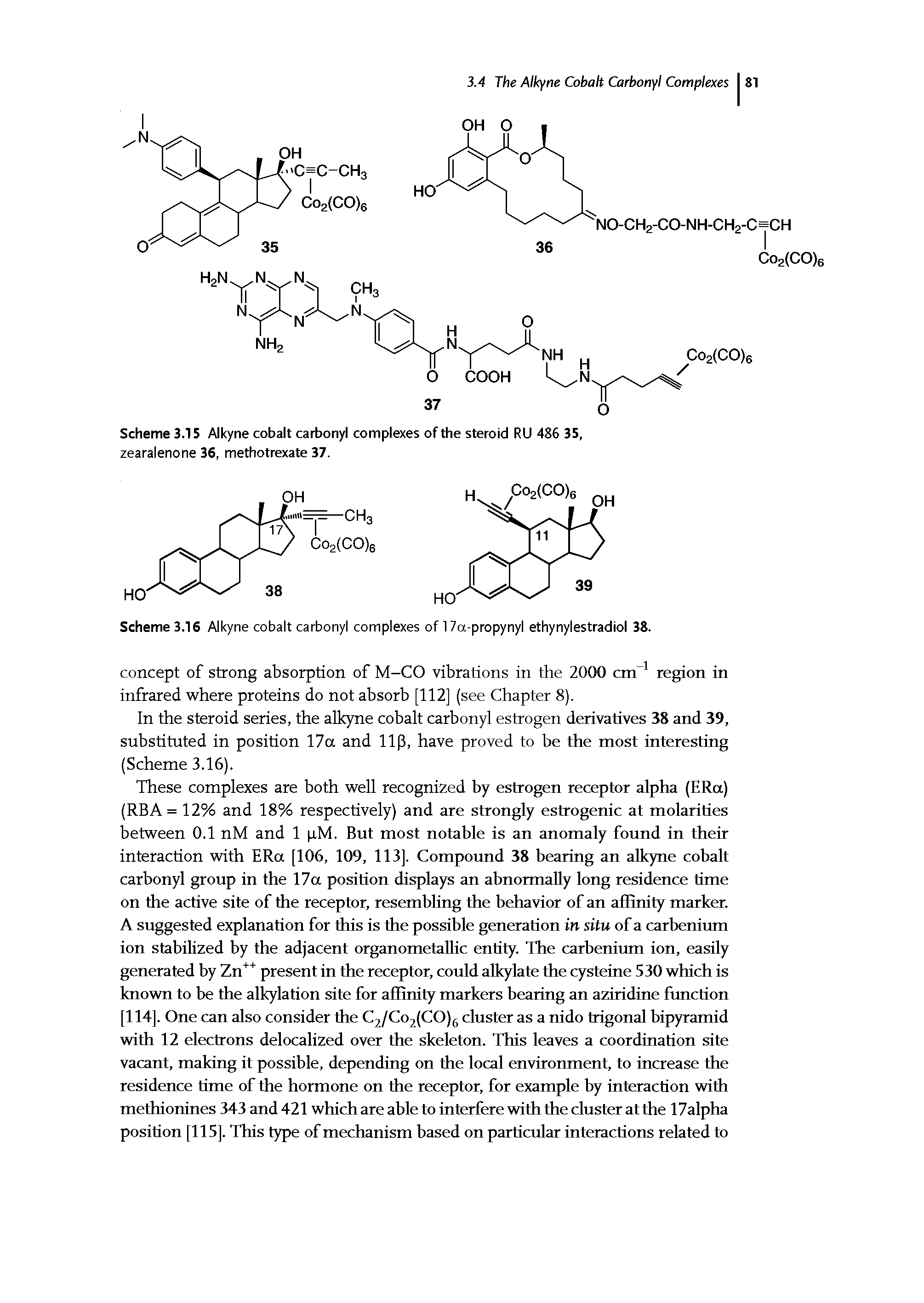 Scheme 3.1 S Alkyne cobalt carbonyl complexes of the steroid RU 486 35, zearalenone 36, methotrexate 37.