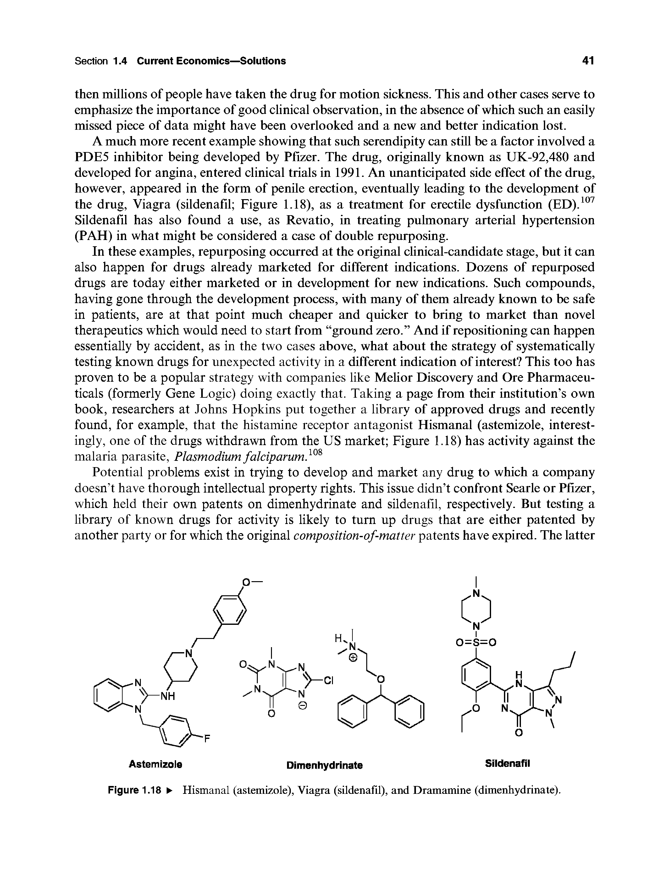 Figure 1.18 Hismanal (astemizole), Viagra (sildenafil), and Dramamine (dimenhydrinate).