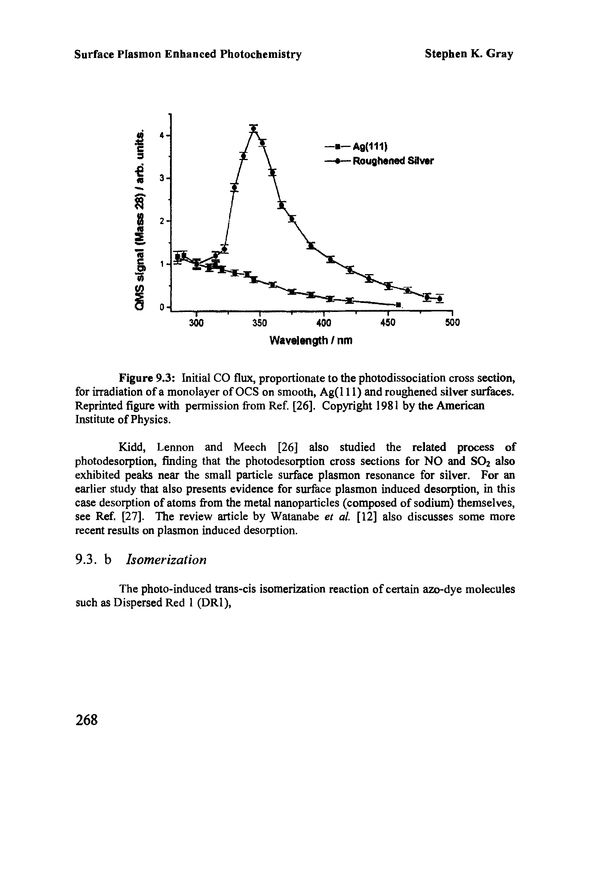 Figure 9.3 Initial CO flux, proportionate to the photodissociation cross section, for irradiation of a monolayer of OCS on smooth, Ag(l 11) and roughened silver surfaces. Reprinted figure with permission from Ref [26]. Copyright 1981 by the American Institute of Physics.
