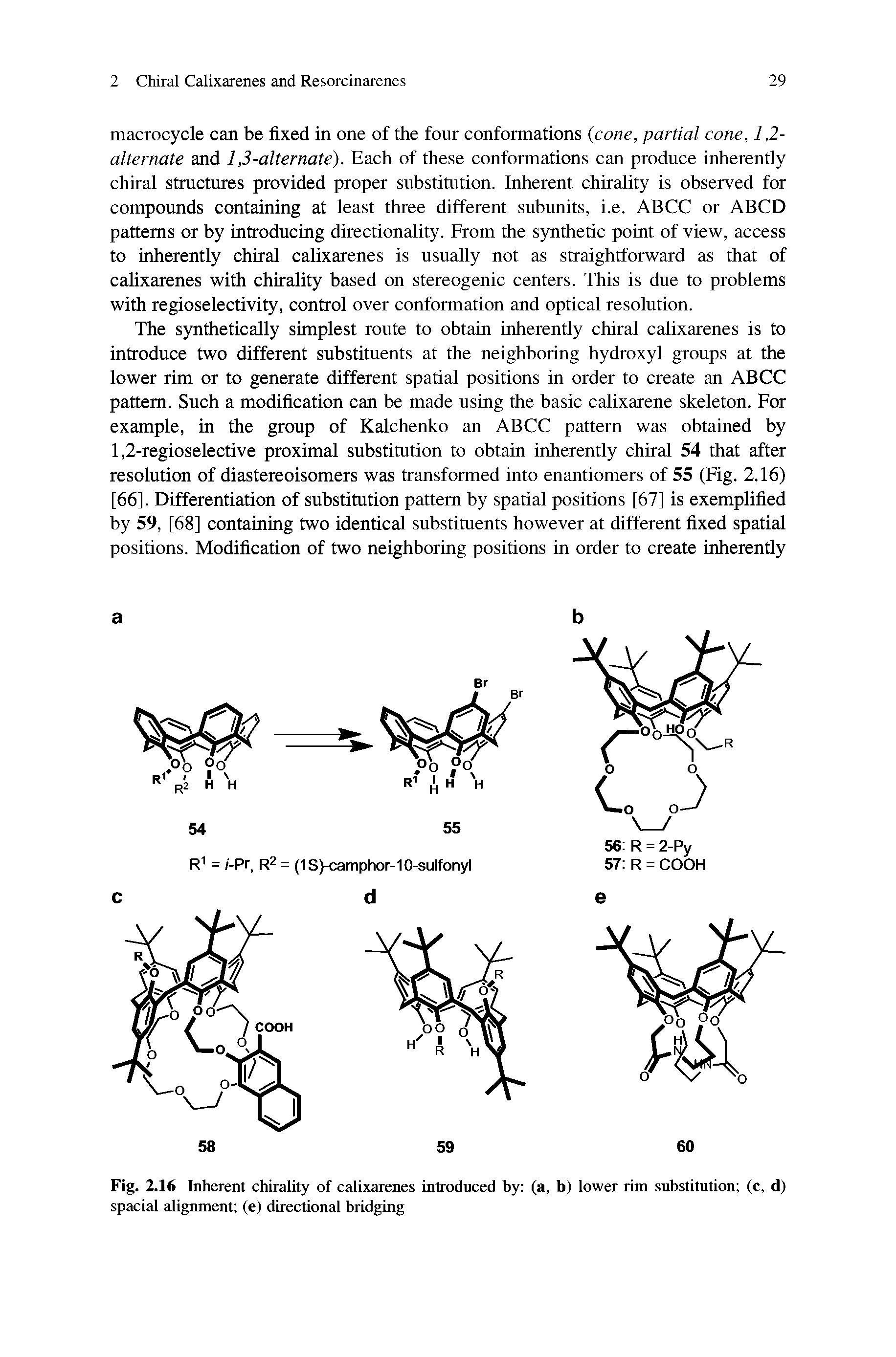 Fig. 2.16 Inherent chirality of calixarenes introduced by (a, b) lower rim substitution (c, d) spacial alignment (e) directional bridging...