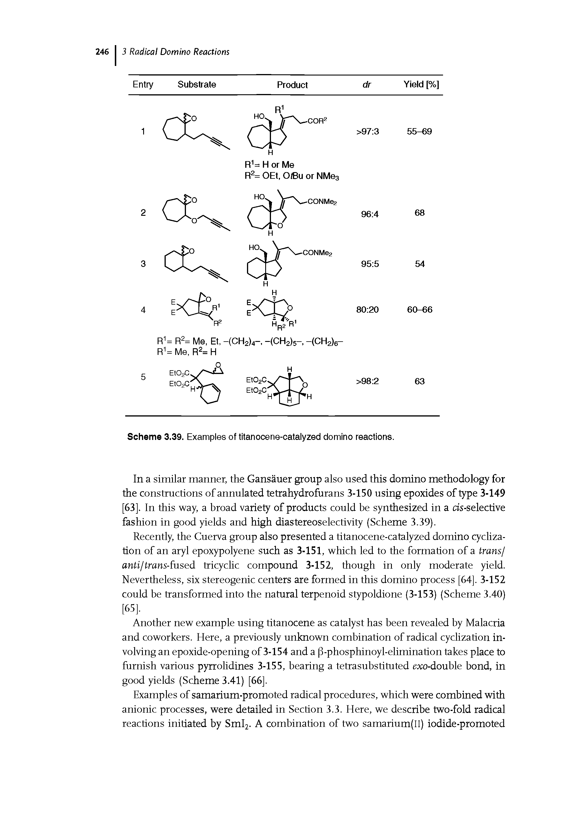 Scheme 3.39. Examples of titanocene-catalyzed domino reactions.