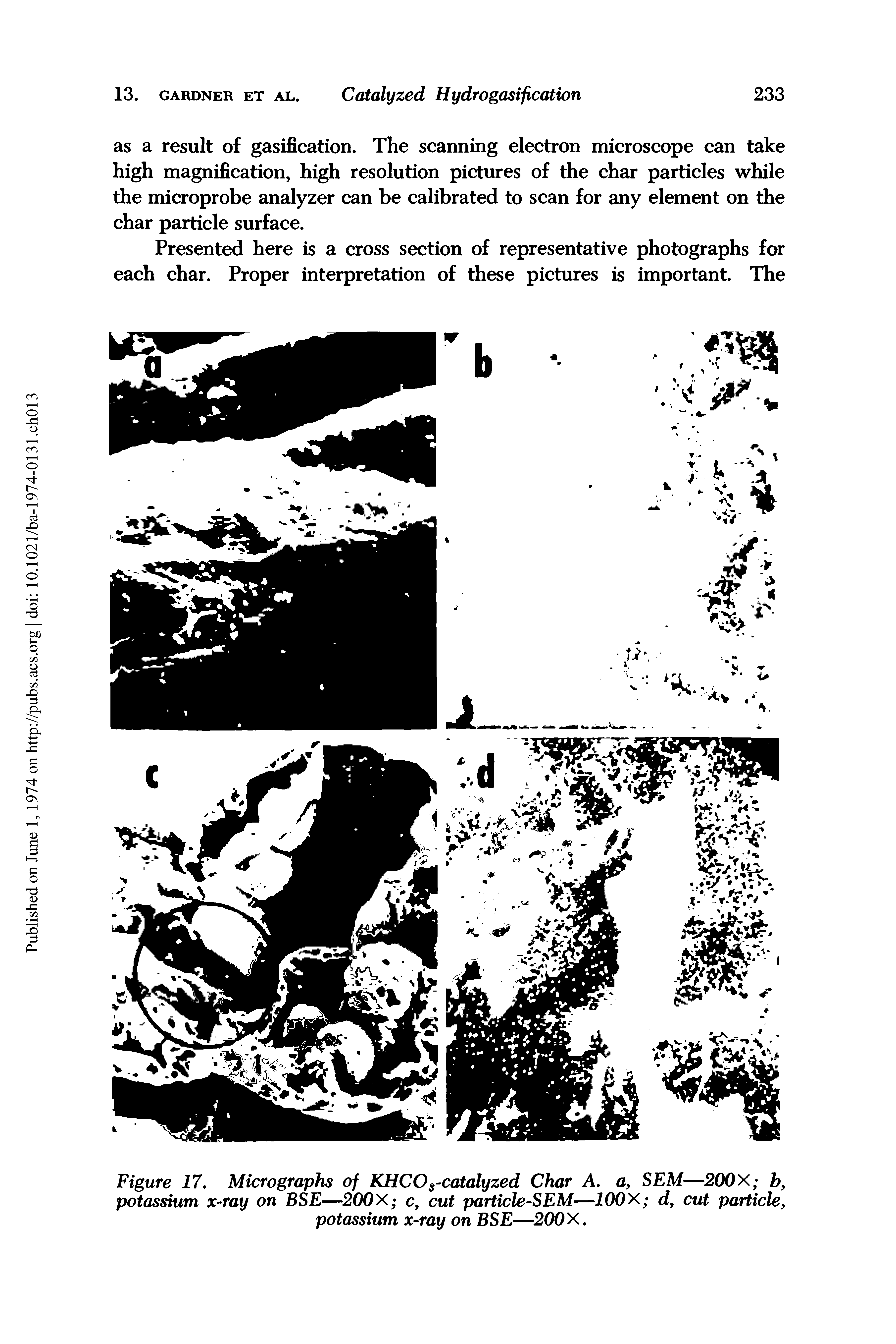 Figure 17. Micrographs of KHCO3-catalyzed Char A. a, SEM—200X b, potassium x-ray on BSE—200X c, cut particle-SEM—100X d, cut particle, potassium x-ray on BSE—200X.