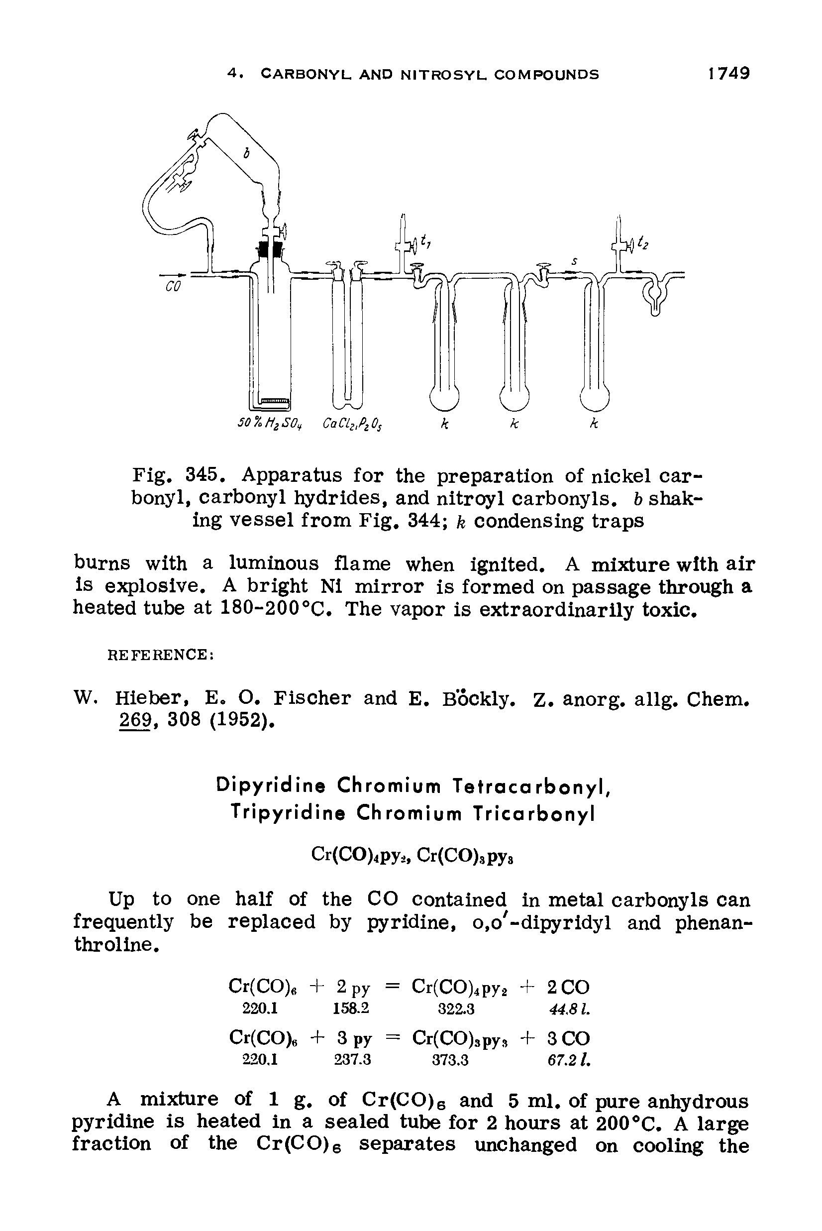 Fig. 345. Apparatus for the preparation of nickel carbonyl, carbonyl hydrides, and nitroyl carbonyls, b shaking vessel from Fig. 344 k condensing traps...