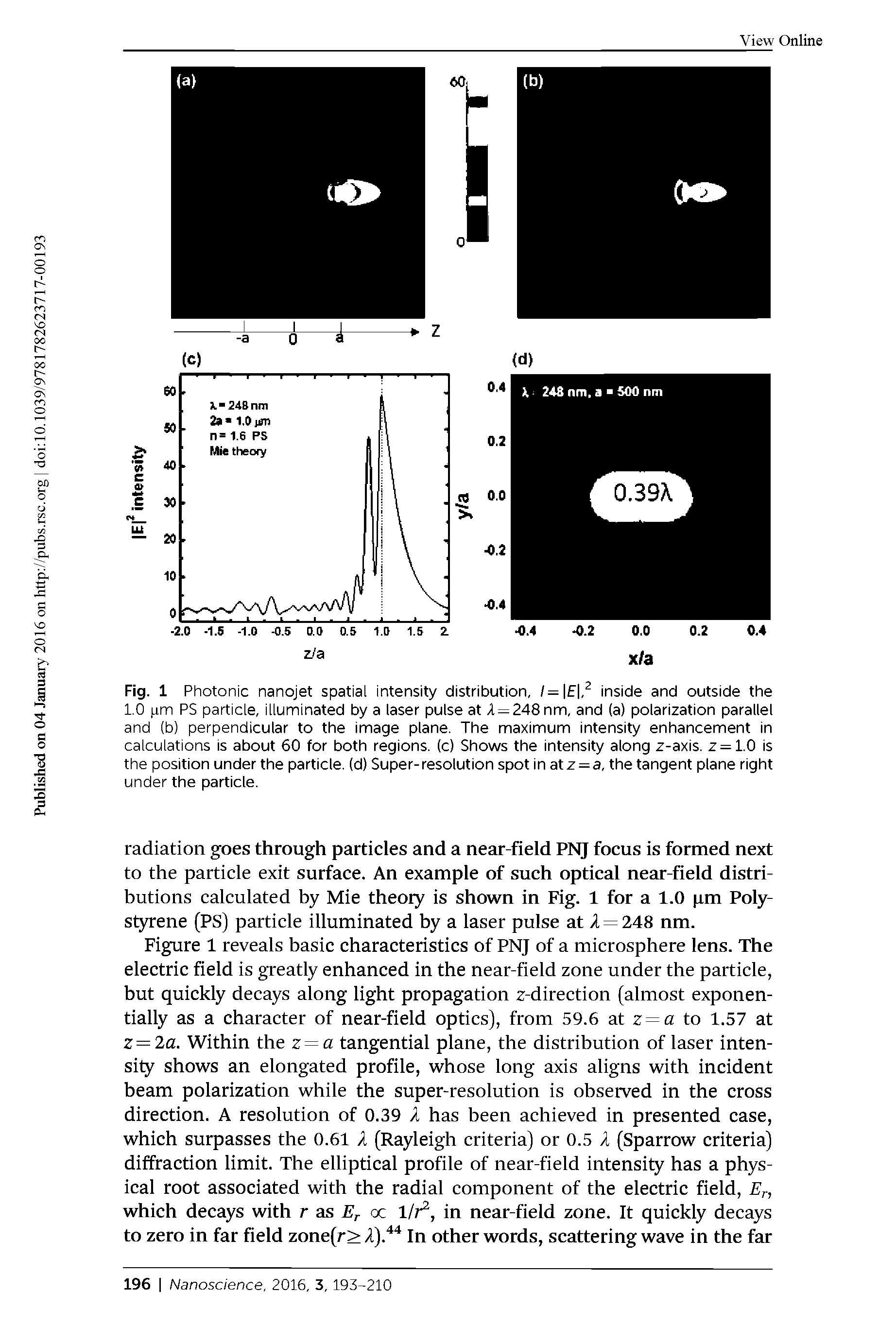 Fig. 1 Photonic nanojet spatial intensity distribution, /= , inside and outside the 1.0 pm PS particle, illuminated by a laser pulse at A = 248nm, and (a) polarization parallel and (b) perpendicular to the image plane. The maximum intensity enhancement in calculations is about 60 for both regions, (c) Shows the intensity along z-axis. z = 1.0 is the position under the particle, (d) Super-resolution spot in atz=a, the tangent plane right under the particle.