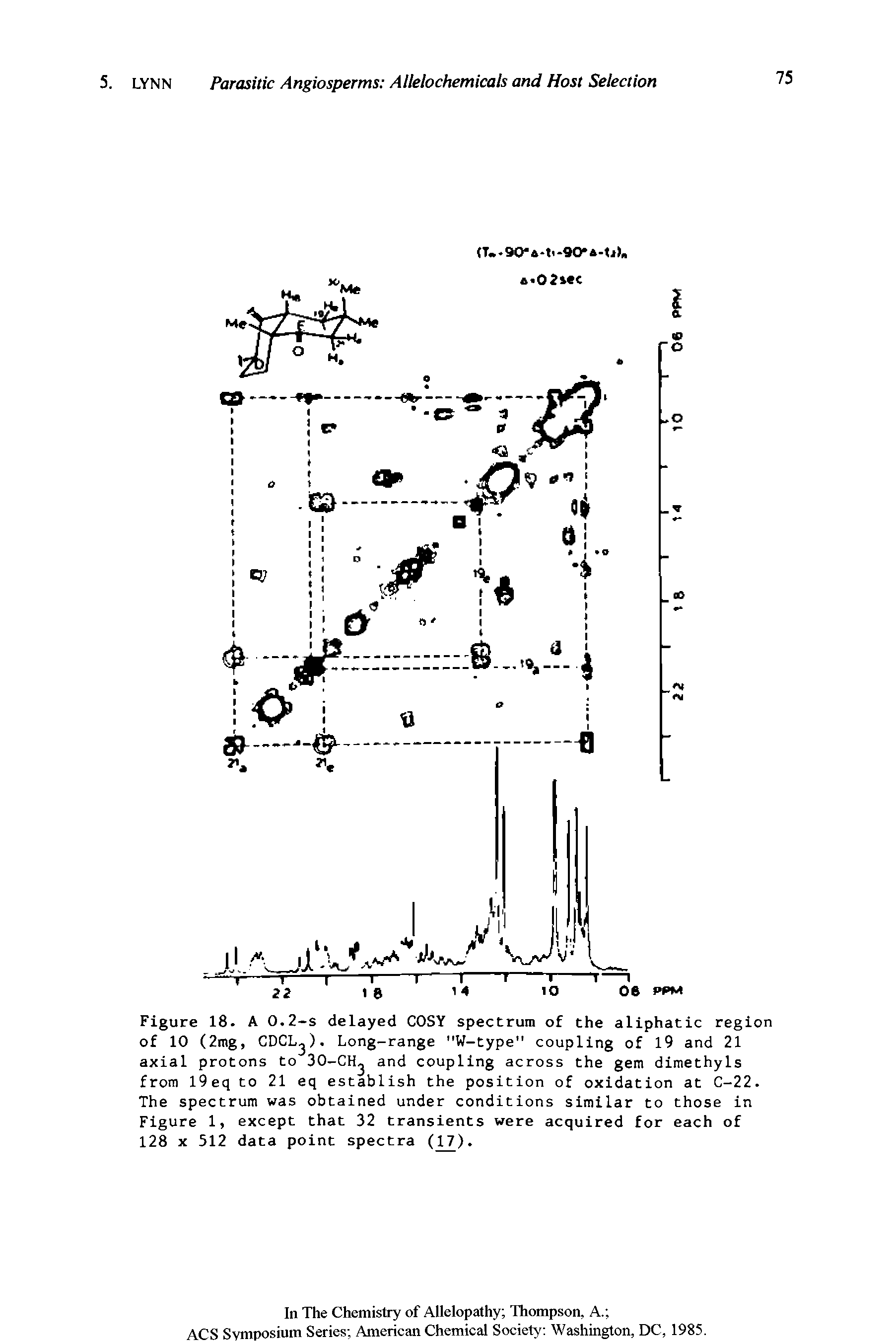 Figure 18. A 0.2-s delayed COSY spectrum of the aliphatic region of 10 (2mg, CDCLj). Long-range "W-type" coupling of 19 and 21 axial protons to 30-CHj and coupling across the gem dimethyls from I9eq to 21 eq establish the position of oxidation at C-22. The spectrum was obtained under conditions similar to those in Figure 1, except that 32 transients were acquired for each of 128 x 512 data point spectra (17).
