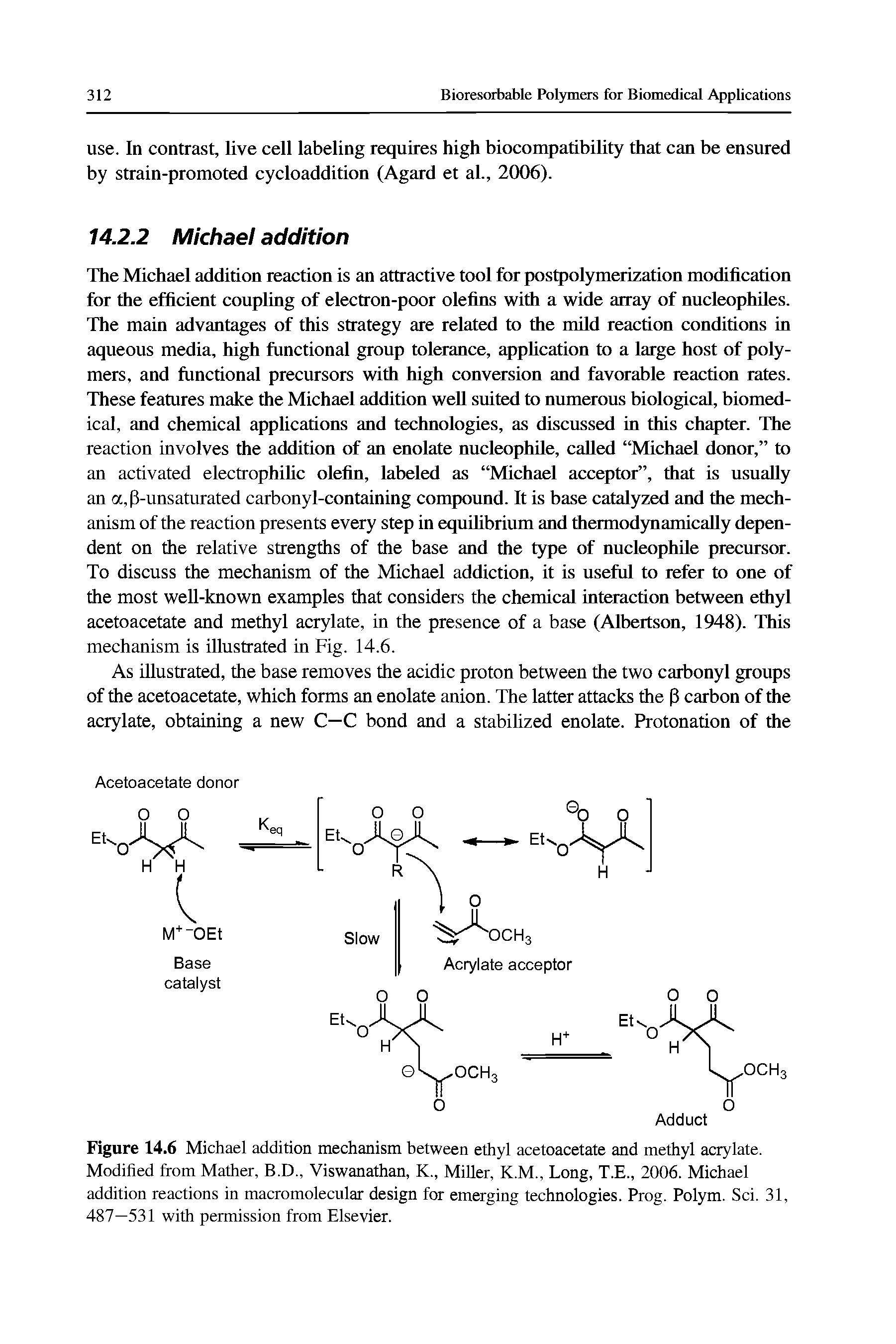 Figure 14.6 Michael addition mechanism between ethyl acetoacetate and methyl acrylate. Modified from Mather, B.D., Viswanathan, K., Miller, K.M., Long, T.E., 2006. Michael addition reactions in macromolecular design for emerging technologies. Prog. Polym. Sci. 31, 487—531 with permission from Elsevier.