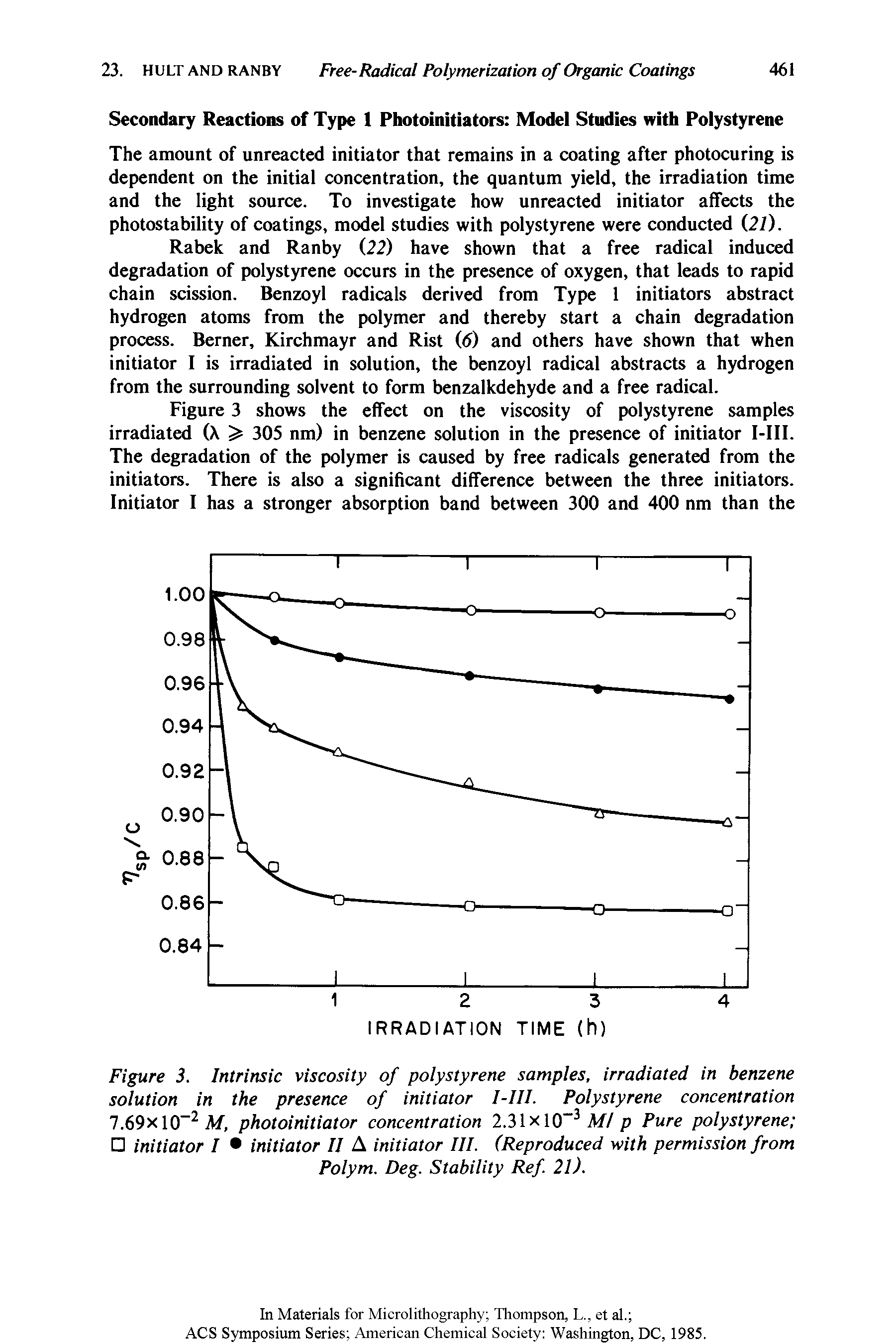 Figure 3. Intrinsic viscosity of polystyrene samples, irradiated in benzene solution in the presence of initiator I-III. Polystyrene concentration 7.69x10 2 M, photoinitiator concentration 2.31 x 10-3 Ml p Pure polystyrene initiator I initiator II A initiator III. (Reproduced with permission from Polym. Deg. Stability Ref. 21).