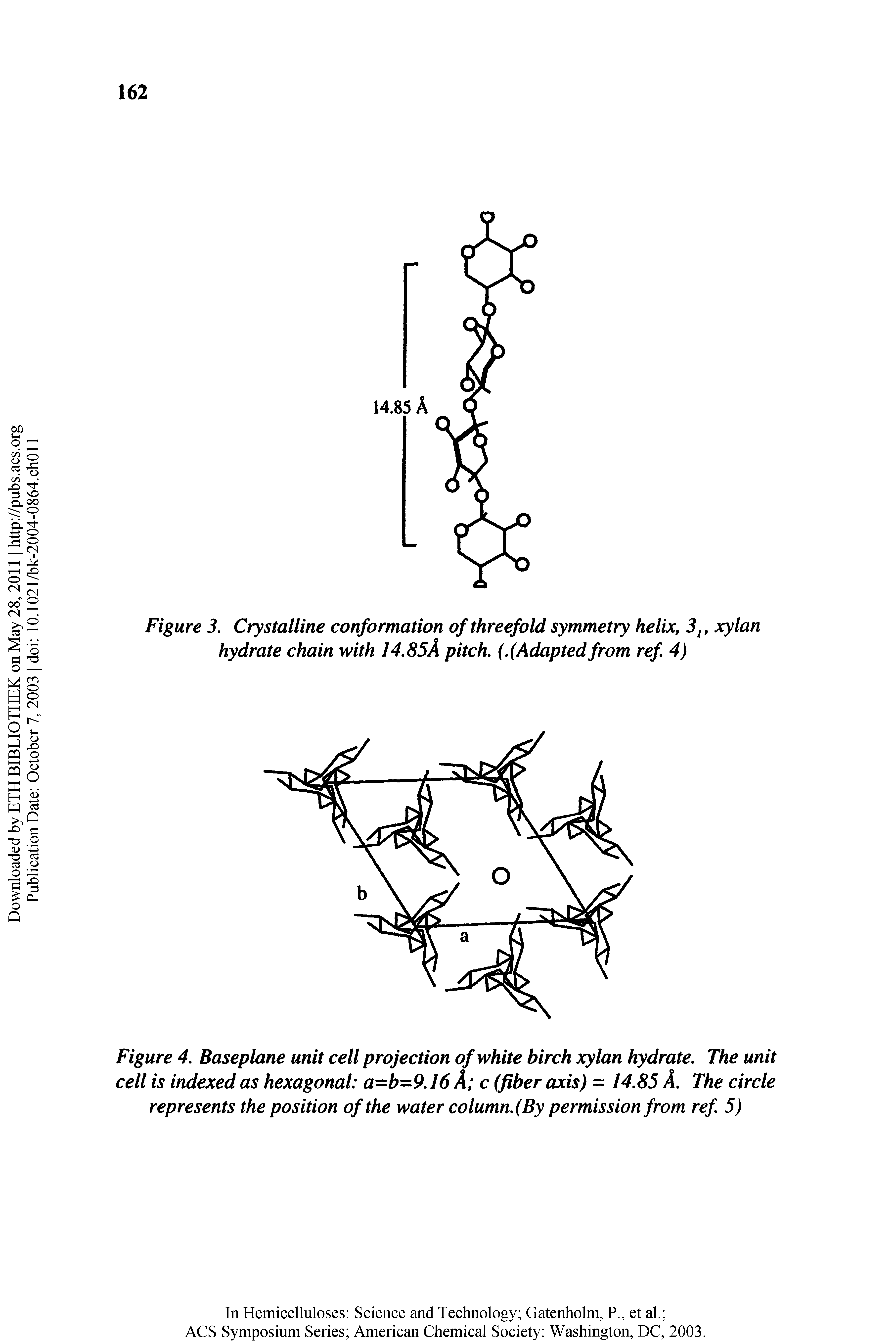 Figure 3, Crystalline conformation of threefold symmetry helix, 3, xylan hydrate chain with J4.85A pitch. (.(Adapted from ref 4)...