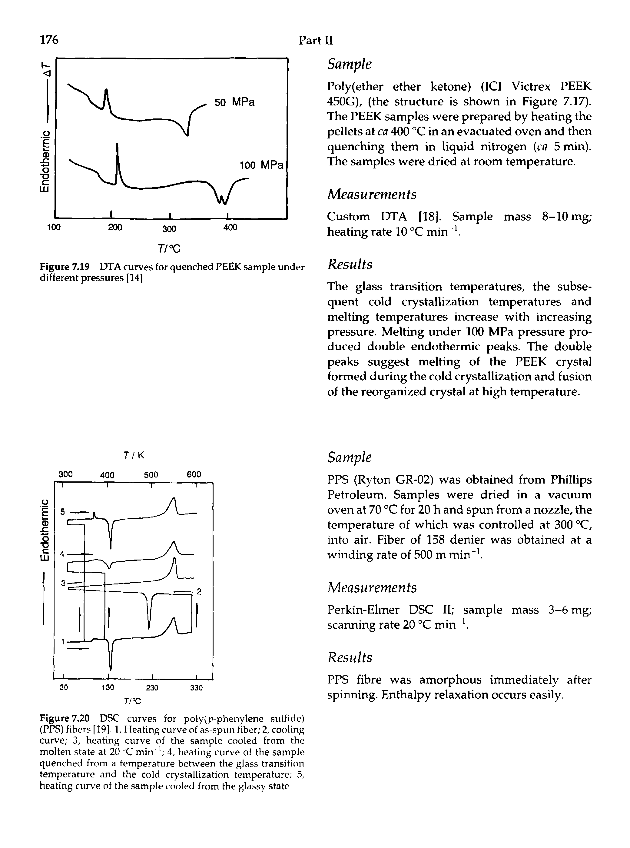 Figure 7.20 DSC curves for poly(p-phenylene sulfide) (PPS) fibers [19]. 1, Heating curve of as-spun fiber 2, cooling curve 3, heating curve of the sample cooled from the molten state at 20 "C min 4, heating curve of the sample quenched from a temperature between the glass transition temperature and the cold crystallization temperature . 3, heating curve of the. sample cooled from the glassy state...