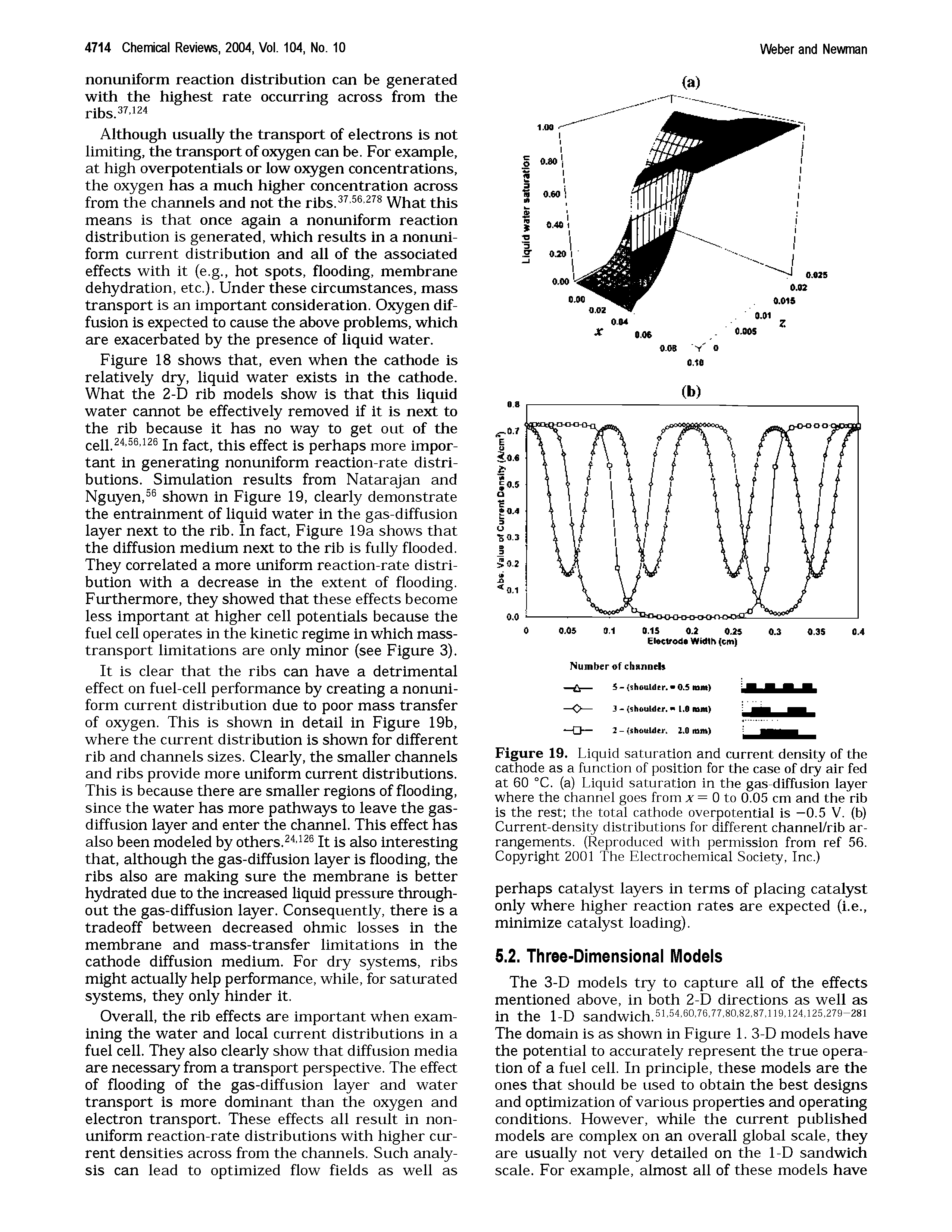 Figure 19. Liquid saturation and current density of the cathode as a function of position for the case of dry air fed at 60 °C. (a) Liquid saturation in the gas-diffusion layer where the channel goes from x = 0 to 0.05 cm and the rib is the rest the total cathode overpotential is —0.5 V. (b) Current-density distributions for different channel/rib arrangements. (Reproduced with permission from ref 56. Copyright 2001 The Electrochemical Society, Inc.)...