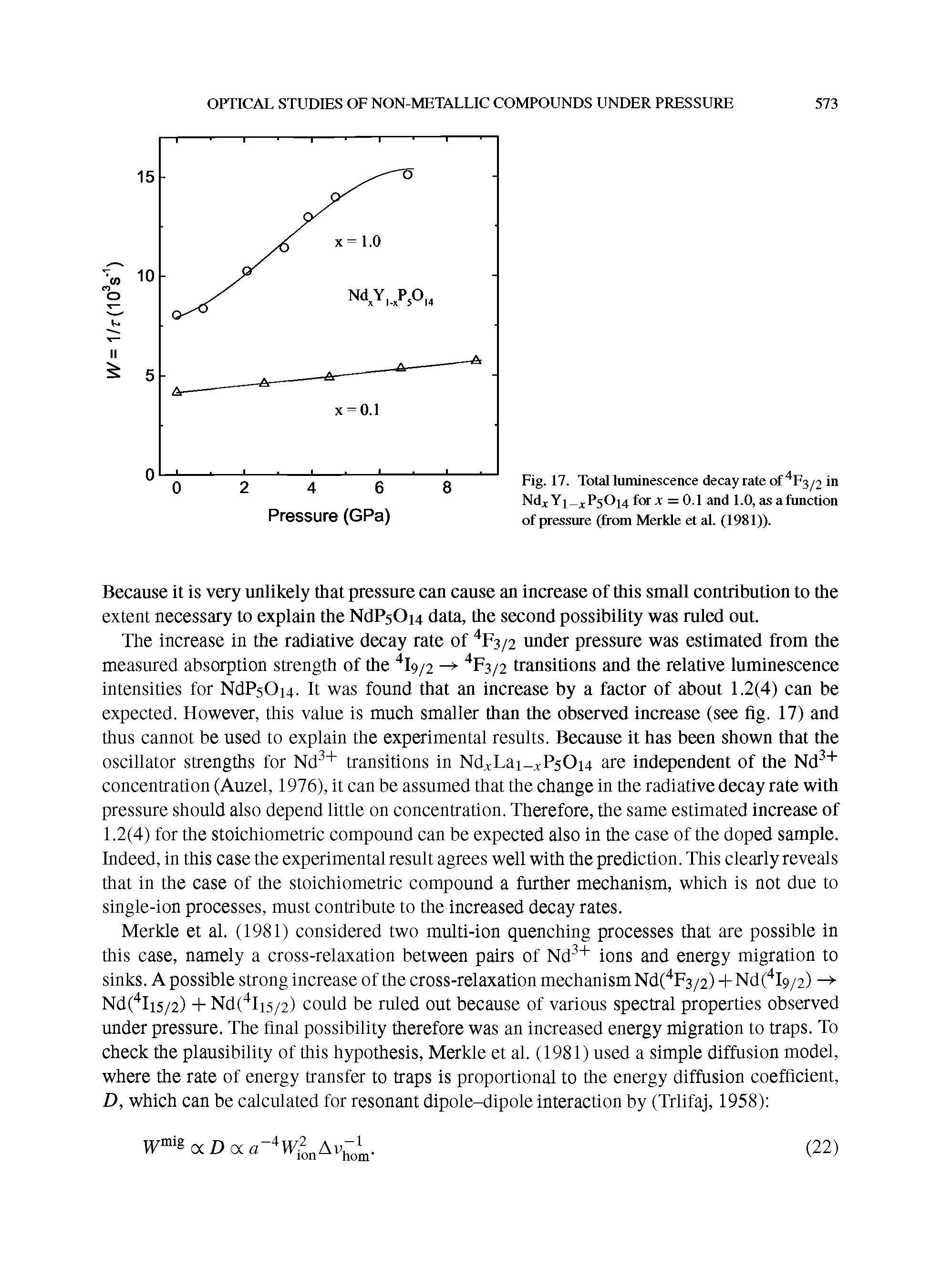 Fig. 17. Total luminescence decay rate of 4F3/ i in NdxYi xP50i4 for a = 0.1 and 1.0, as afunction of pressure (from Mcrklc et al. (1981)).