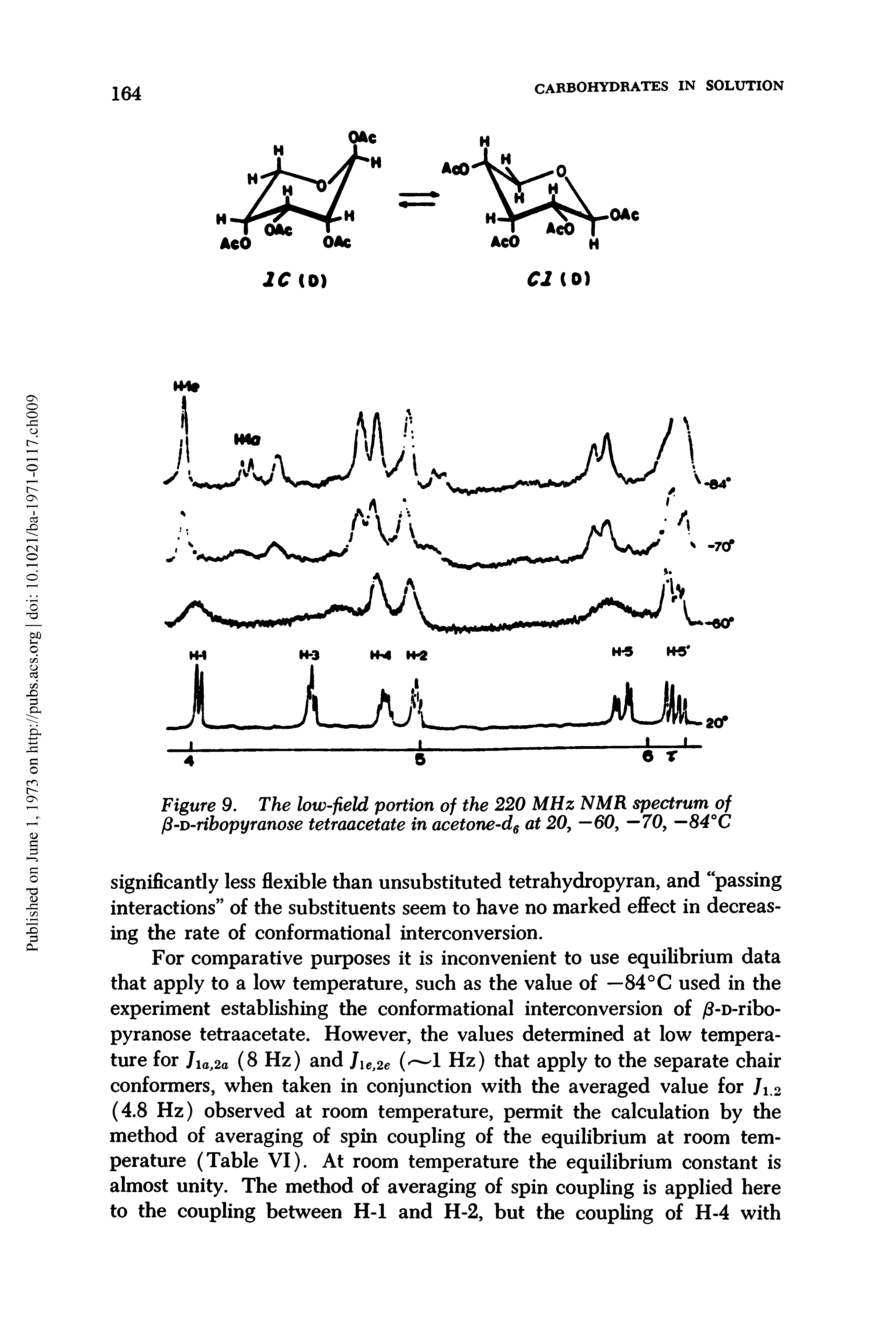 Figure 9. The low-field portion of the 220 MHz NMR spectrum of fi-D-ribopyranose tetraacetate in acetone-d6 at 20, —60, —70, —84°C...