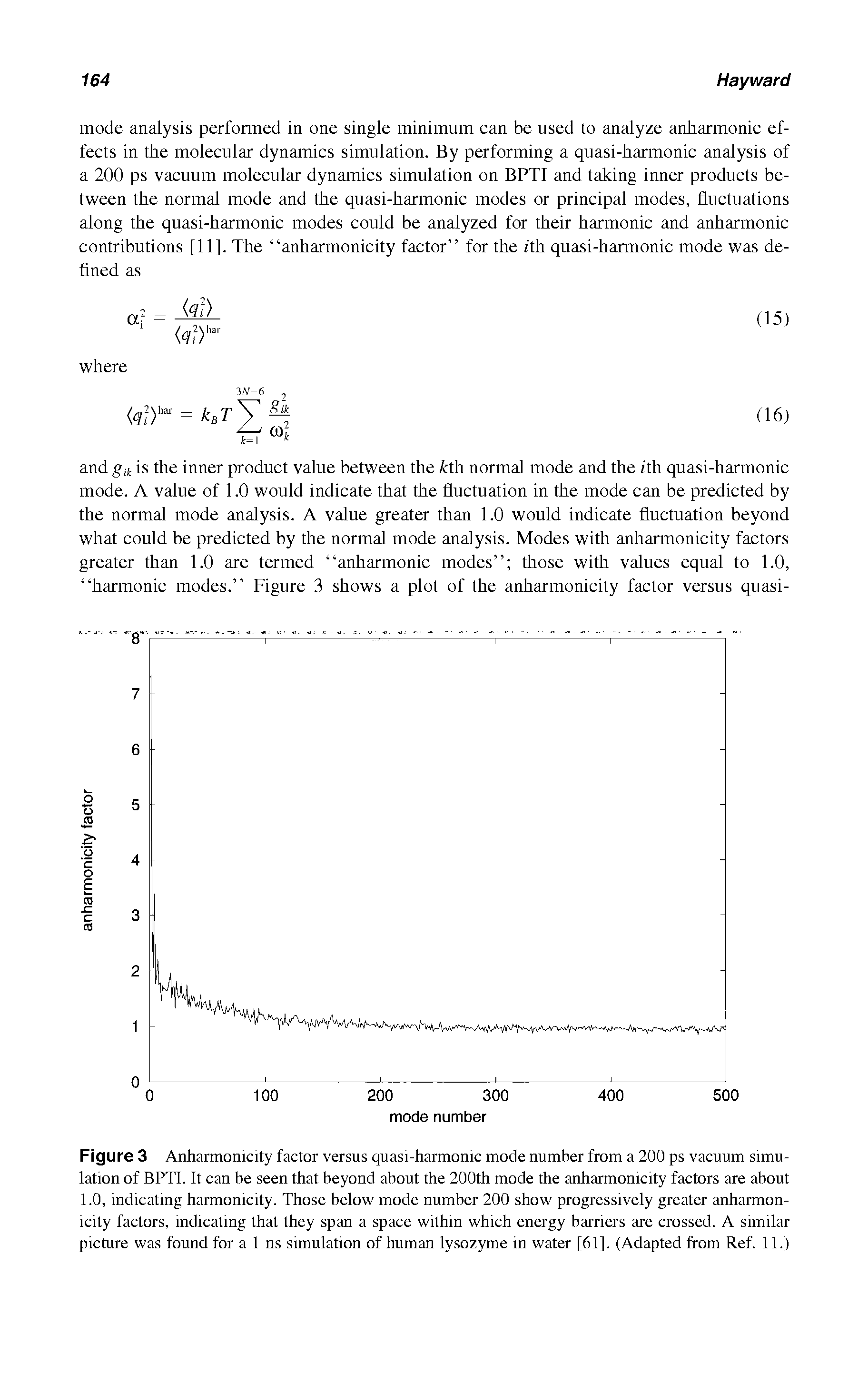 Figure 3 Anharmonicity factor versus quasi-harmomc mode number from a 200 ps vacuum simulation of BPTI. It can be seen that beyond about the 200th mode the anharmonicity factors are about 1.0, indicating harmomcity. Those below mode number 200 show progressively greater anharmonicity factors, indicating that they span a space within which energy barriers are crossed. A similar picture was found for a I ns simulation of human lysozyme m water [61]. (Adapted from Ref. II.)...