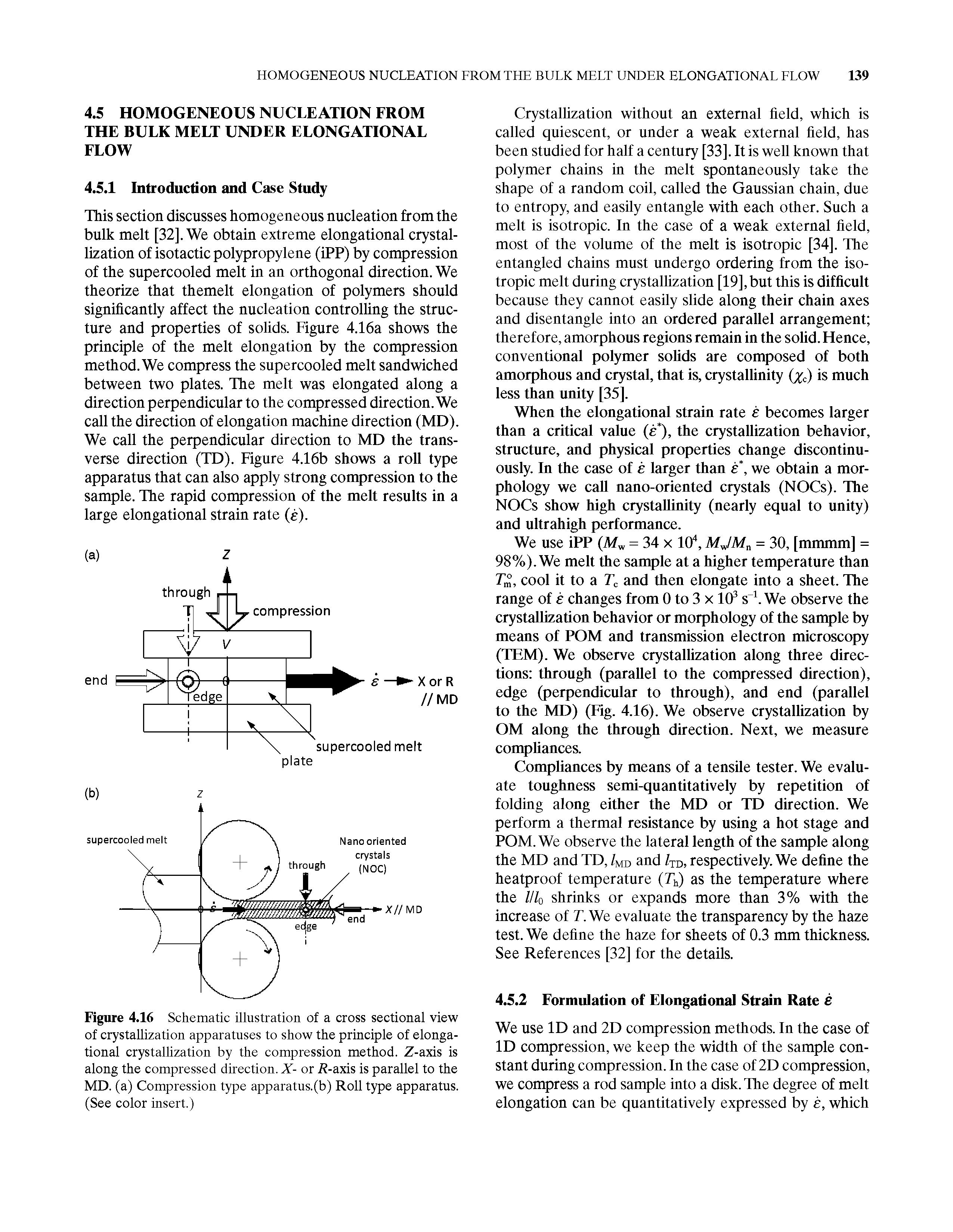 Figure 4.16 Schematic illustration of a cross sectional view of crystallization apparatuses to show the principle of elongational crystallization by the compression method. Z-axis is along the compressed direction. X- or i -axis is parallel to the MD. (a) Compression type apparatus.(b) Roll type apparatus. (See color insert.)...