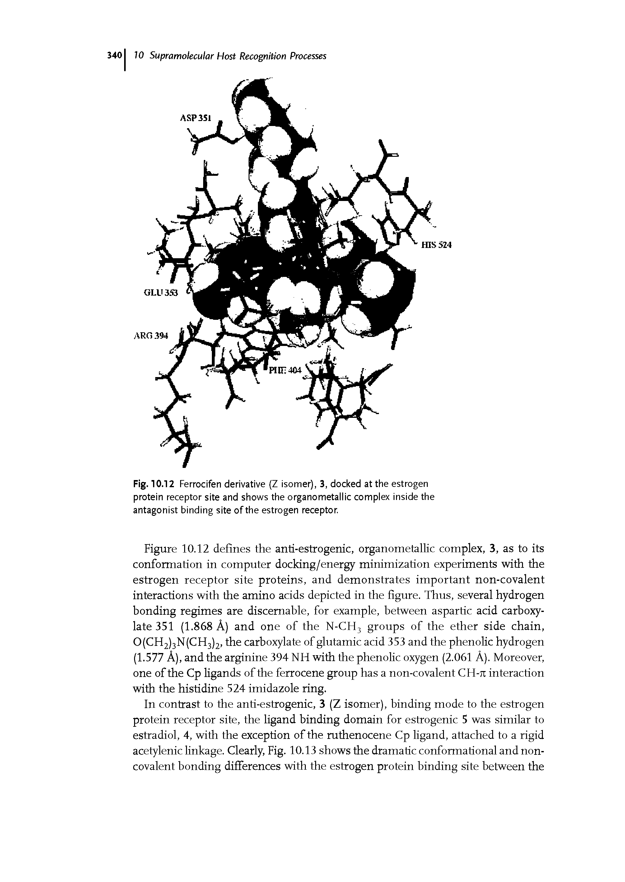 Fig. 10.12 Ferrocifen derivative (Z isomer), 3, docked at the estrogen protein receptor site and shows the organometallic complex inside the antagonist binding site of the estrogen receptor.