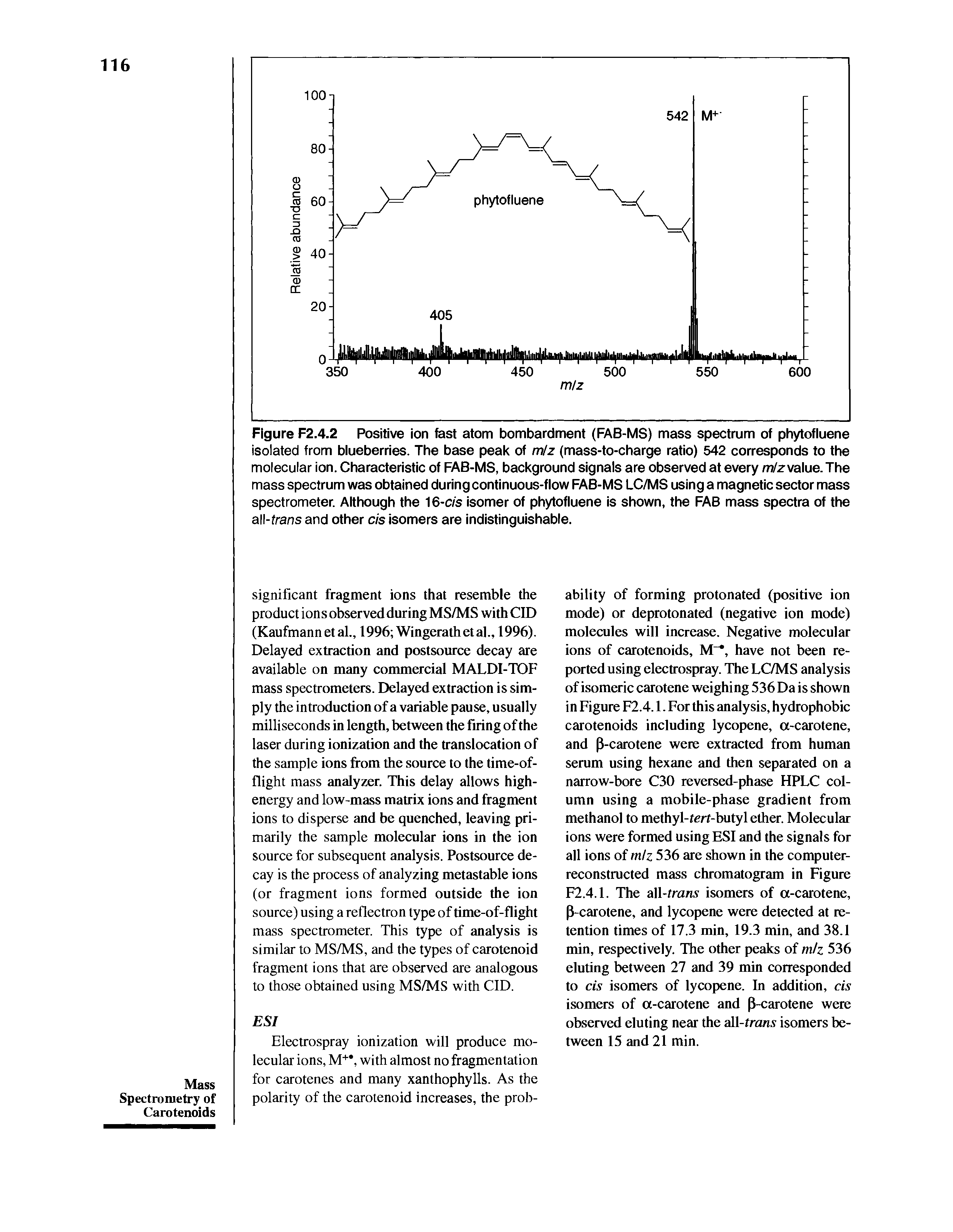 Figure F2.4.2 Positive ion fast atom bombardment (FAB-MS) mass spectrum of phytofluene isolated from blueberries. The base peak of mlz (mass-to-charge ratio) 542 corresponds to the molecular ion. Characteristic of FAB-MS, background signals are observed at every mlz value. The mass spectrum was obtained during continuous-flow FAB-MS LC/MS using a magnetic sector mass spectrometer. Although the 16-c/s isomer of phytofluene is shown, the FAB mass spectra of the all- trans and other cis isomers are indistinguishable.