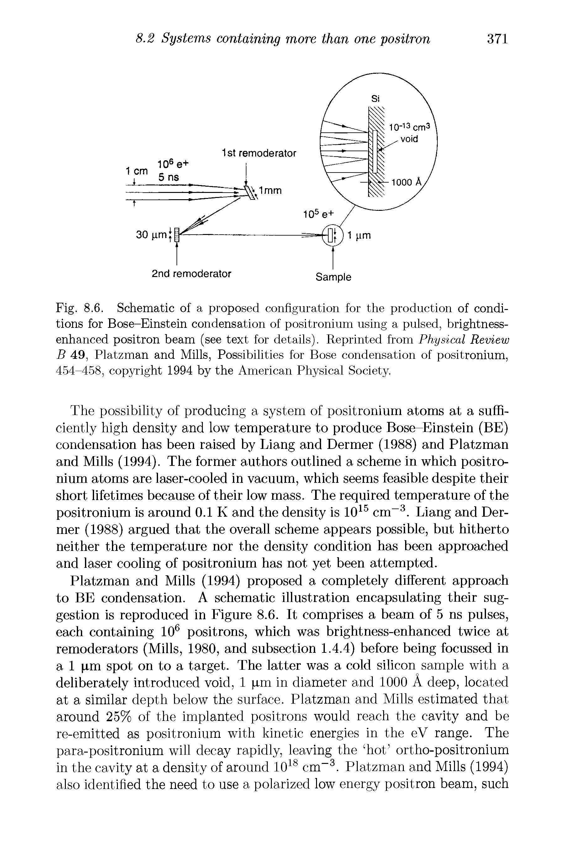 Fig. 8.6. Schematic of a proposed configuration for the production of conditions for Bose-Einstein condensation of positronium using a pulsed, brightness-enhanced positron beam (see text for details). Reprinted from Physical Review B 49, Platzman and Mills, Possibilities for Bose condensation of positronium, 454-458, copyright 1994 by the American Physical Society.