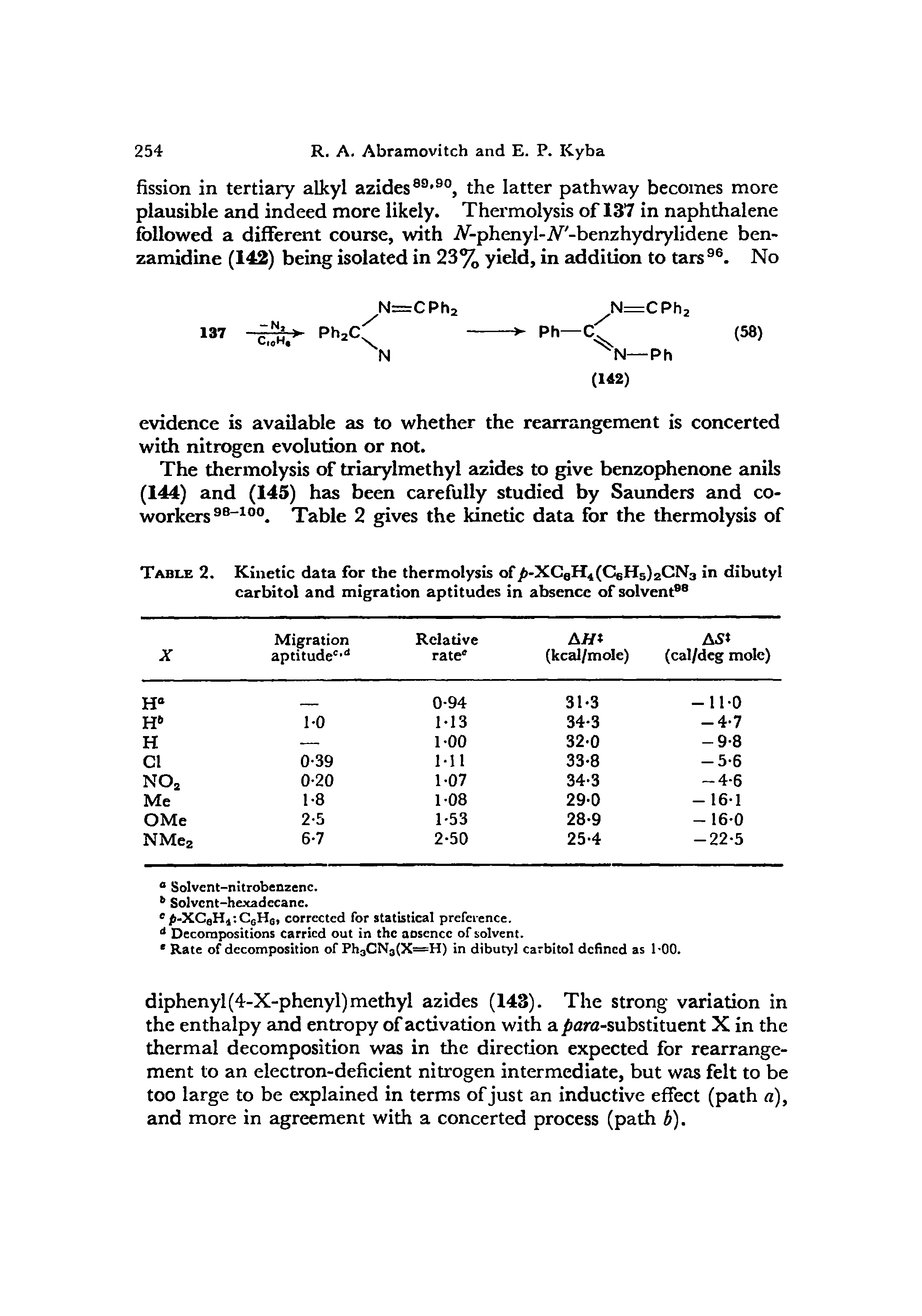 Table 2. Kinetic data for the thermolysis of -XC8H4(C6H5)2CN3 in dibutyl carbitol and migration aptitudes in absence of solvent ...