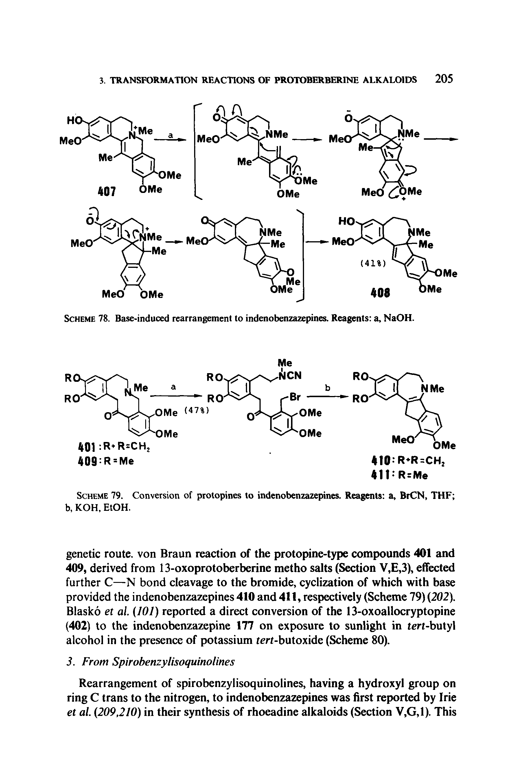 Scheme 79. Conversion of protopines to indenobenzazepines. Reagents a, BrCN, THF b, KOH, EtOH.