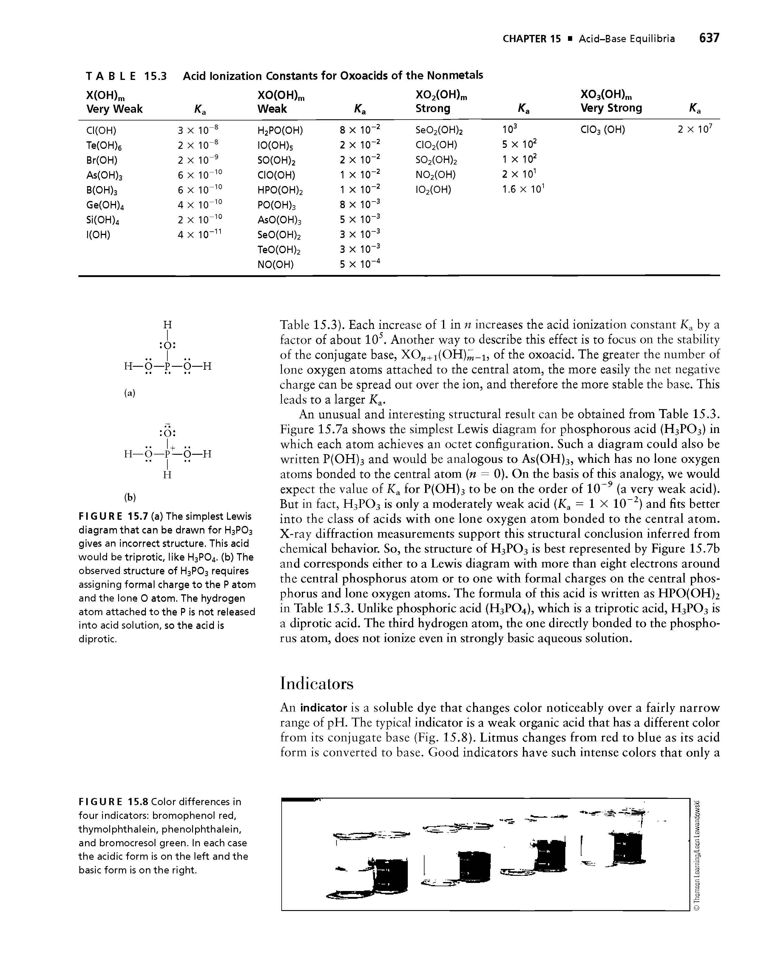 Table 15.3). Each increase of 1 in w increases the acid ionization constant by a factor of about 10. Another way to describe this effect is to focus on the stability of the conjugate base, XO +i(OH) i, of the oxoacid. The greater the number of lone oxygen atoms attached to the central atom, the more easily the net negative charge can be spread out over the ion, and therefore the more stable the base. This leads to a larger K. ...