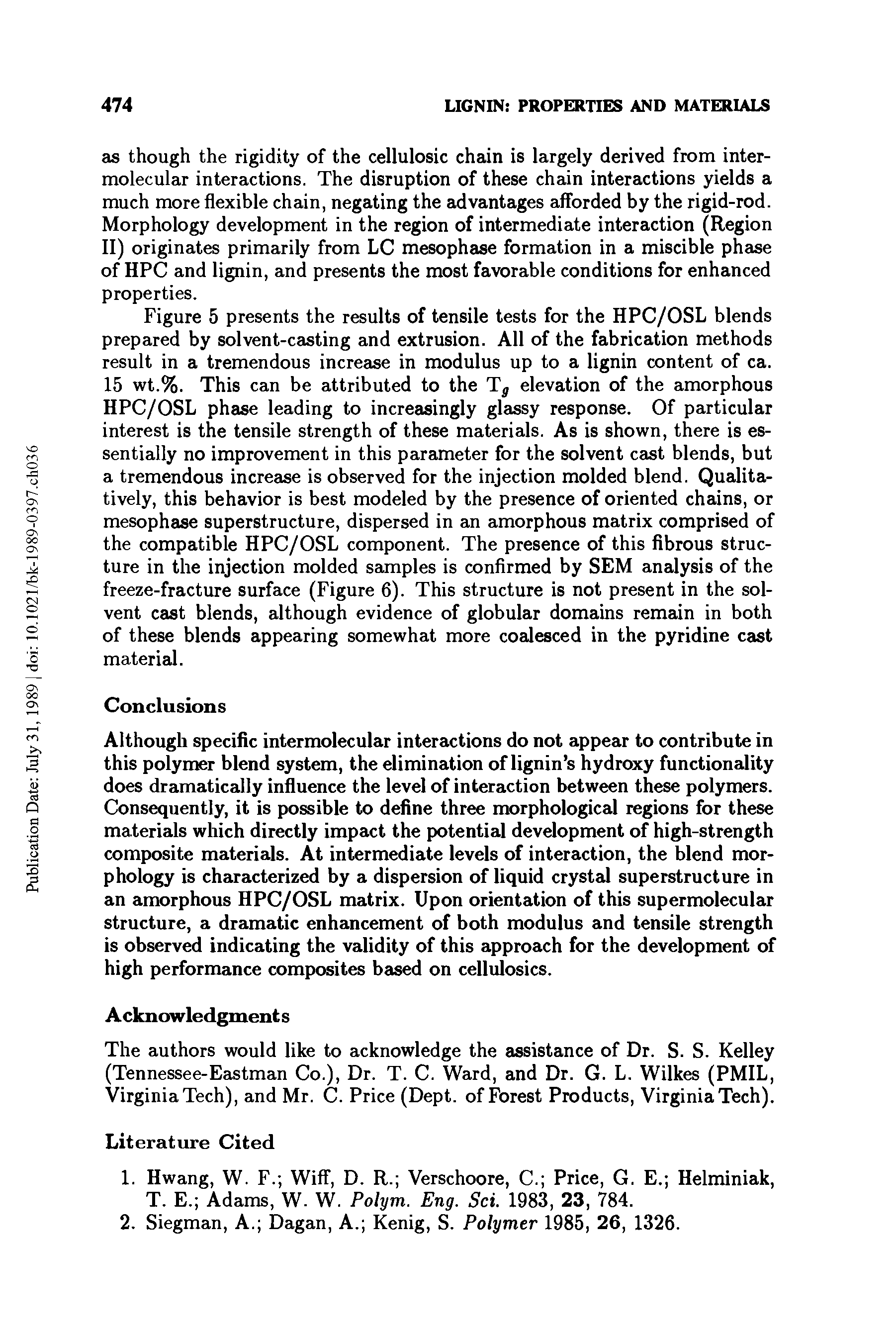 Figure 5 presents the results of tensile tests for the HPC/OSL blends prepared by solvent-casting and extrusion. All of the fabrication methods result in a tremendous increase in modulus up to a lignin content of ca. 15 wt.%. This can be attributed to the Tg elevation of the amorphous HPC/OSL phase leading to increasingly glassy response. Of particular interest is the tensile strength of these materials. As is shown, there is essentially no improvement in this parameter for the solvent cast blends, but a tremendous increase is observed for the injection molded blend. Qualitatively, this behavior is best modeled by the presence of oriented chains, or mesophase superstructure, dispersed in an amorphous matrix comprised of the compatible HPC/OSL component. The presence of this fibrous structure in the injection molded samples is confirmed by SEM analysis of the freeze-fracture surface (Figure 6). This structure is not present in the solvent cast blends, although evidence of globular domains remain in both of these blends appearing somewhat more coalesced in the pyridine cast material.