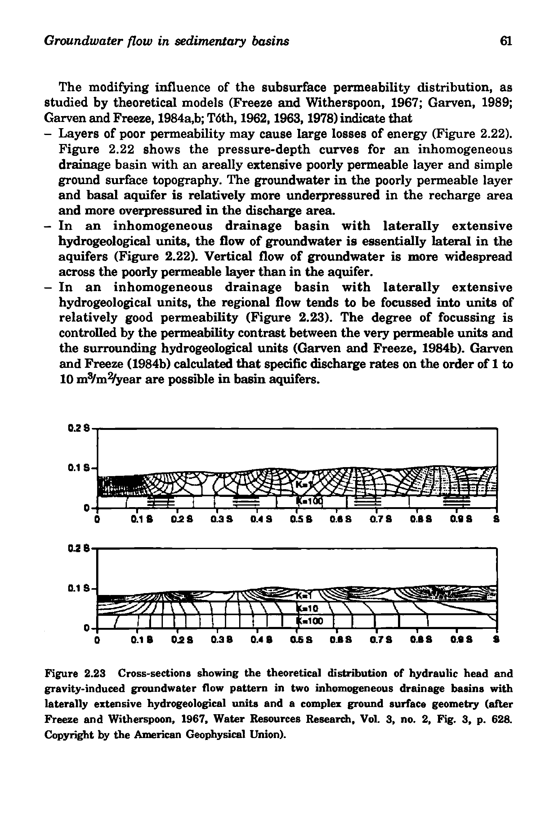 Figure 2.23 Cross-sections showing the theoretical distribution of hydraulic head and gravity-induced groundwater flow pattern in two inhomogeneous drainage basins with laterally extensive hydrogeological units and a complex ground surface geometry (after Freeze and Witherspoon, 1967, Water Resources Researdi, Vol. 3, no. 2, Fig. 3, p. 628. Copyright by the American Geophysical Union).