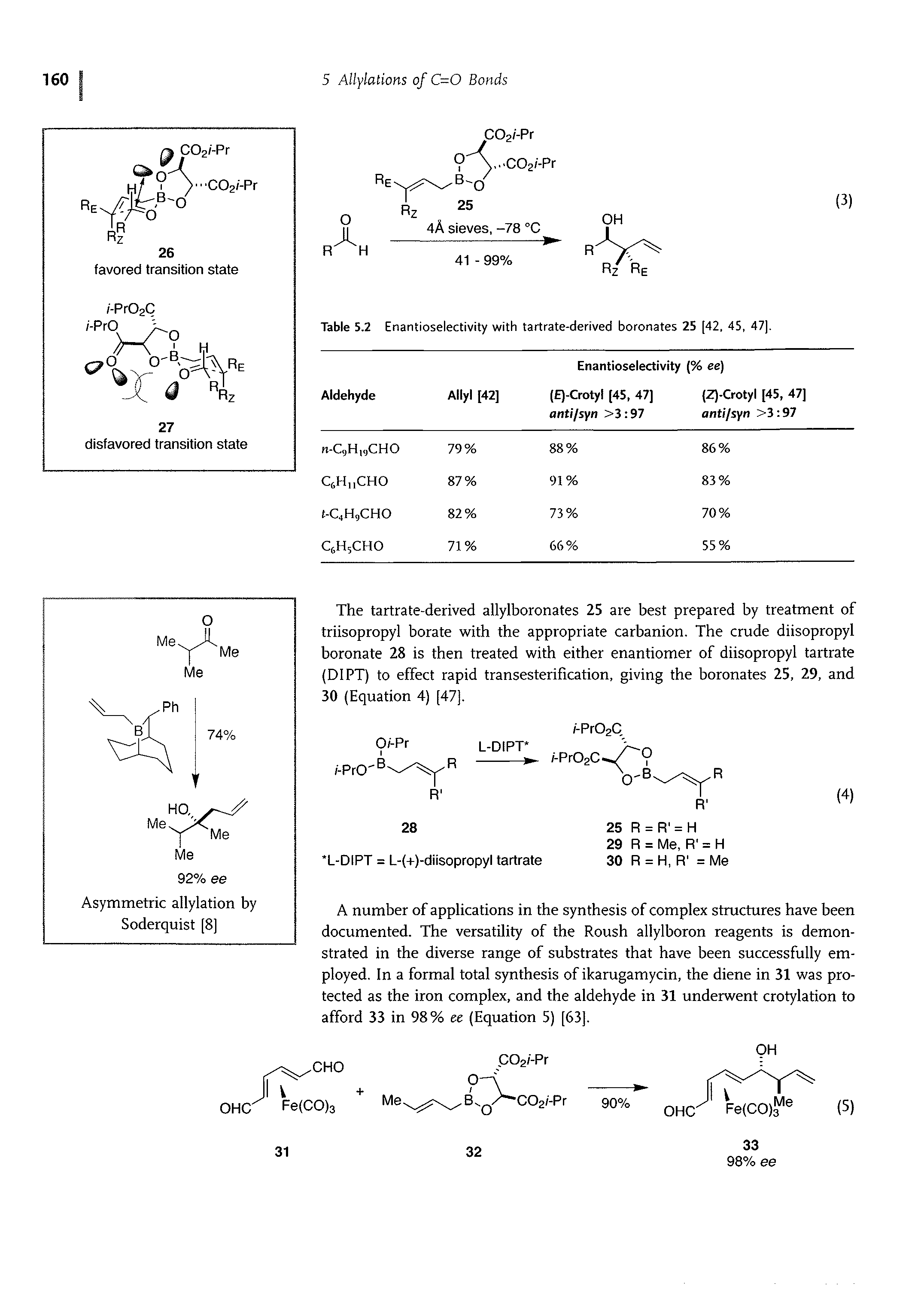 Table 5.2 Enantioselectivity with tartrate-derived boronates 25 [42. 45, 47).
