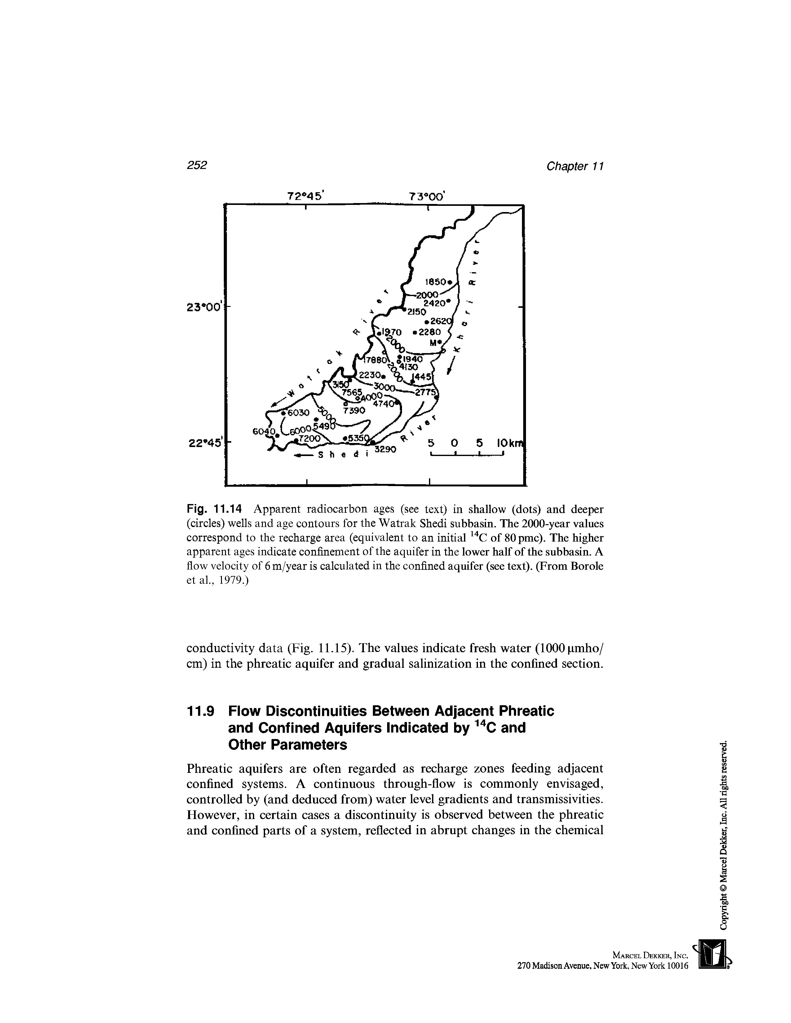 Fig. 11.14 Apparent radiocarbon ages (see text) in shallow (dots) and deeper (circles) wells and age contours for the Watrak Shedi subbasin. The 2000-year values correspond to the recharge area (equivalent to an initial 14C of 80 pmc). The higher apparent ages indicate confinement of the aquifer in the lower half of the subbasin. A flow velocity of 6 m/year is calculated in the confined aquifer (see text). (From Borole et al., 1979.)...