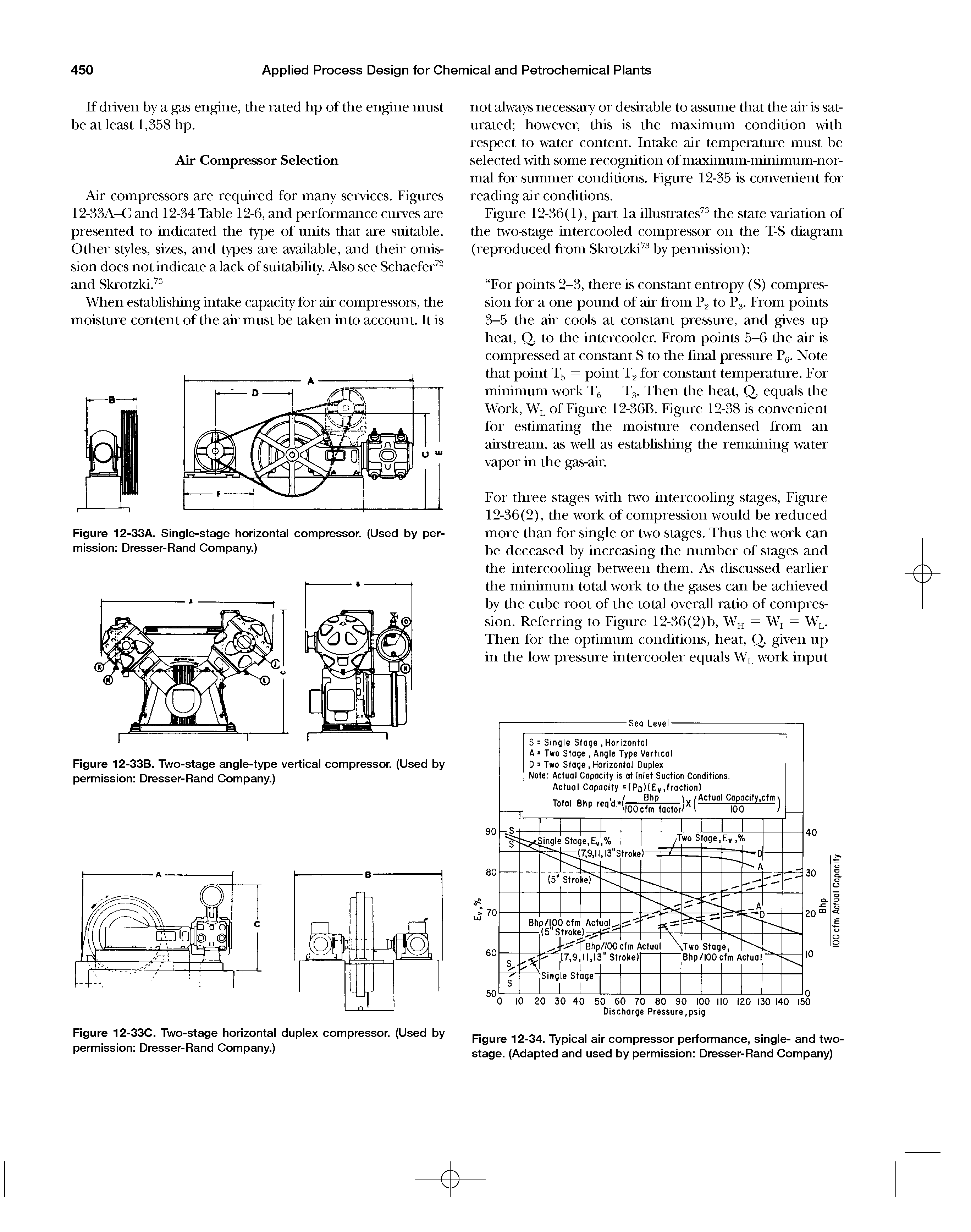 Figure 12-34. Typical air compressor performance, single- and two-stage. (Adapted and used by permission Dresser-Rand Company)...