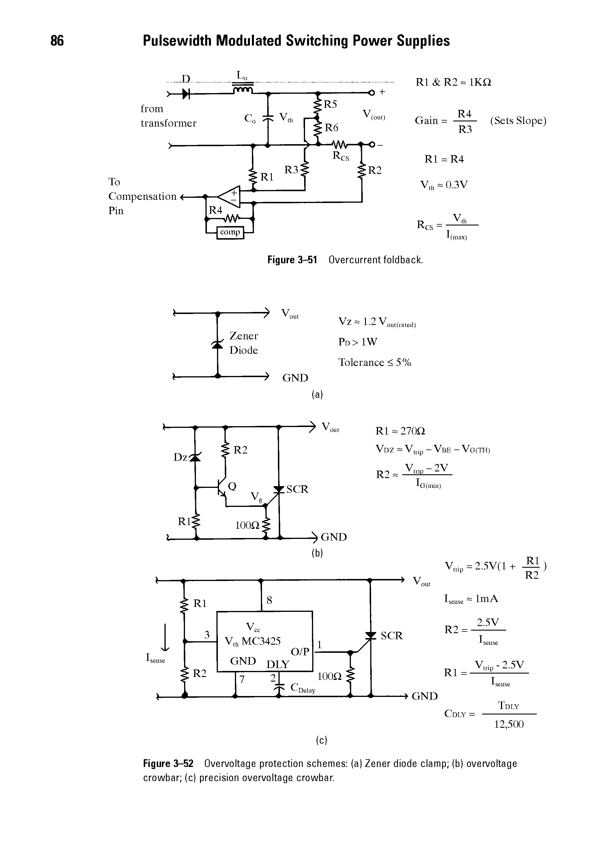 Figure 3-52 Overvoltage protection schemes (a) Zener diode clamp (b) overvoltage crowbar (c) precision overvoltage crowbar.