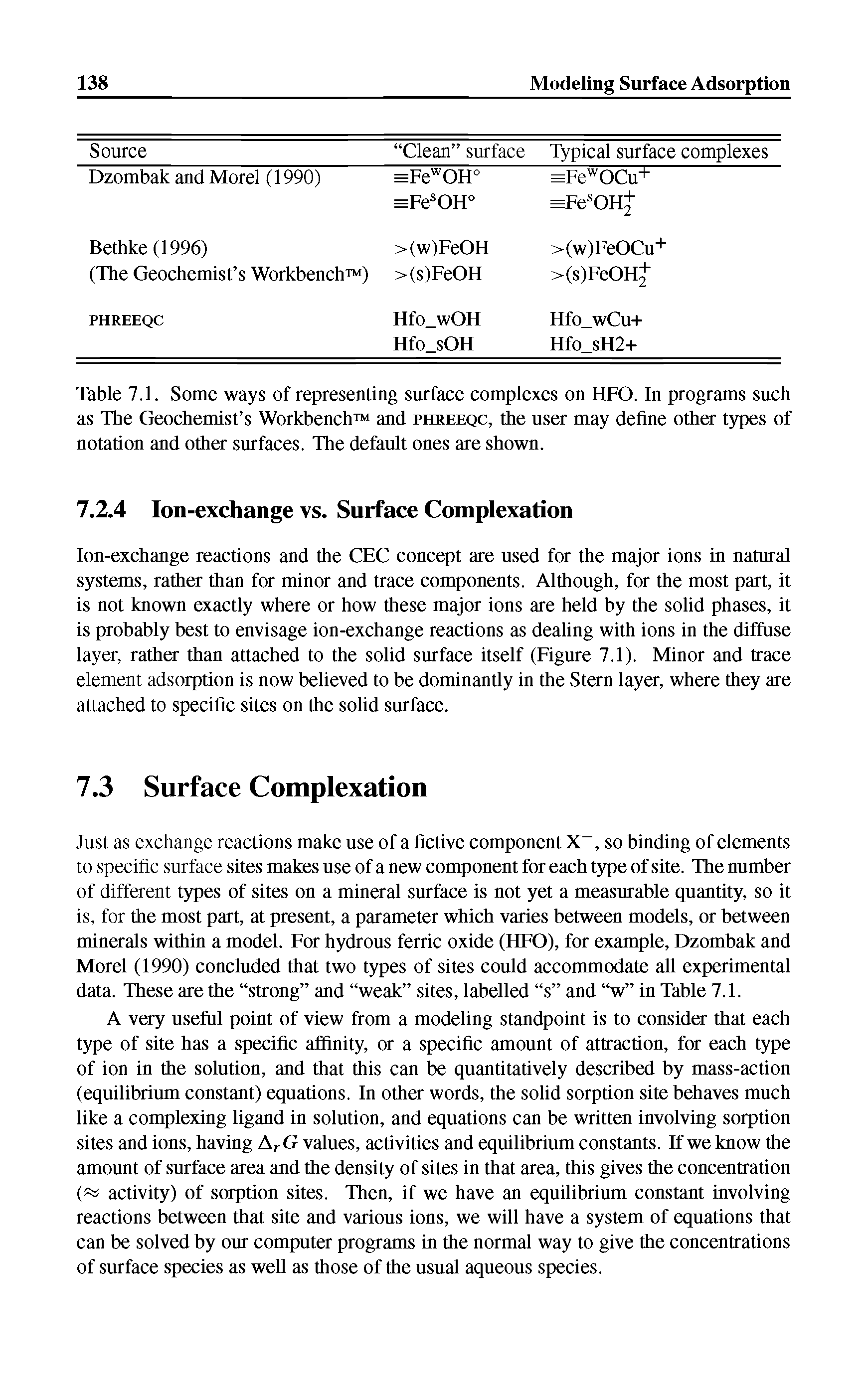 Table 7.1. Some ways of representing surface complexes on HFO. In programs such as The Geochemist s Workbench and phreeqc, the user may define other types of notation and other surfaces. The default ones are shown.