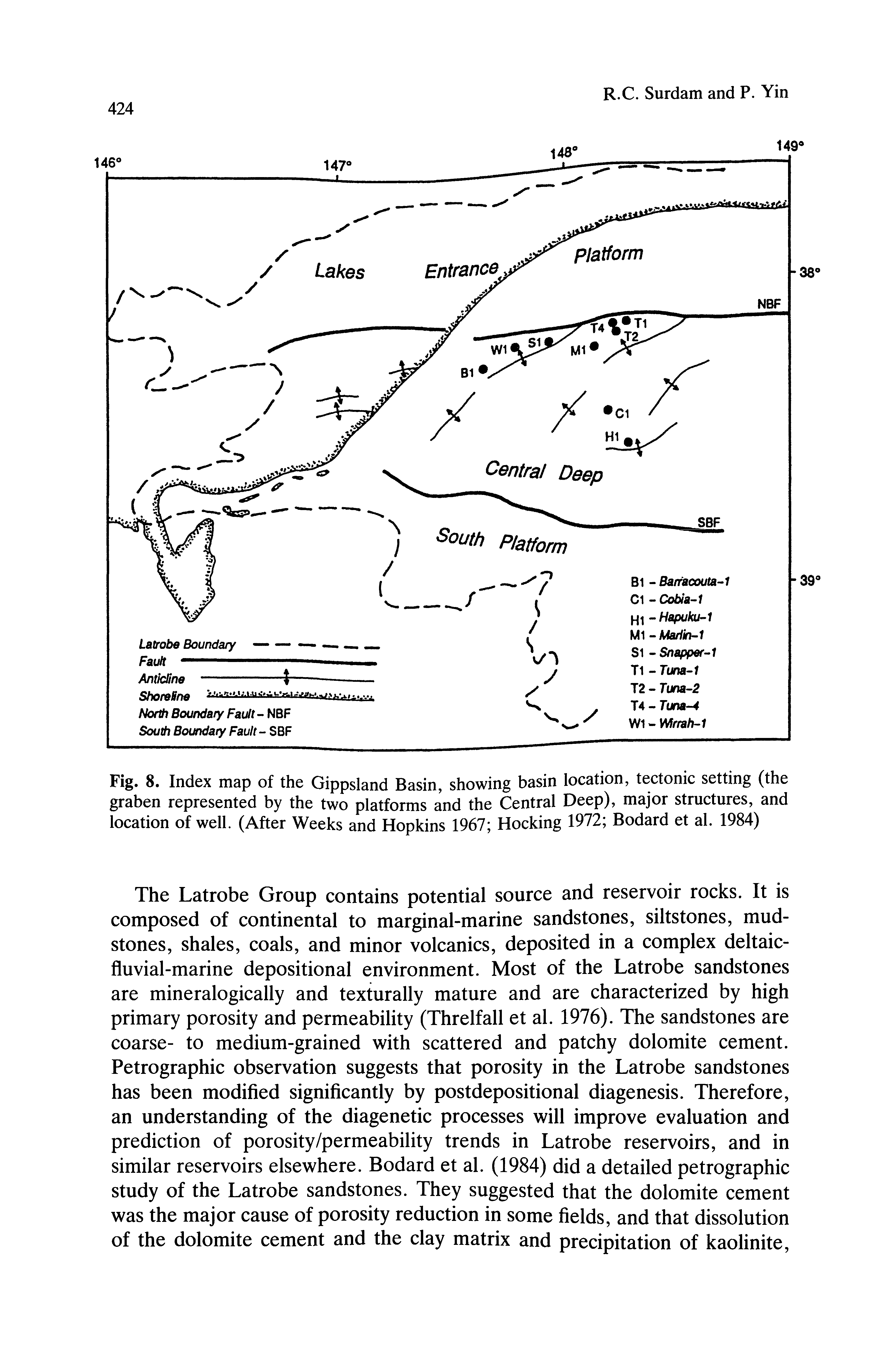Fig. 8. Index map of the Gippsland Basin, showing basin location, tectonic setting (the graben represented by the two platforms and the Central Deep), major structures, and location of well. (After Weeks and Hopkins 1967 Hocking 1972 Bodard et al. 1984)...
