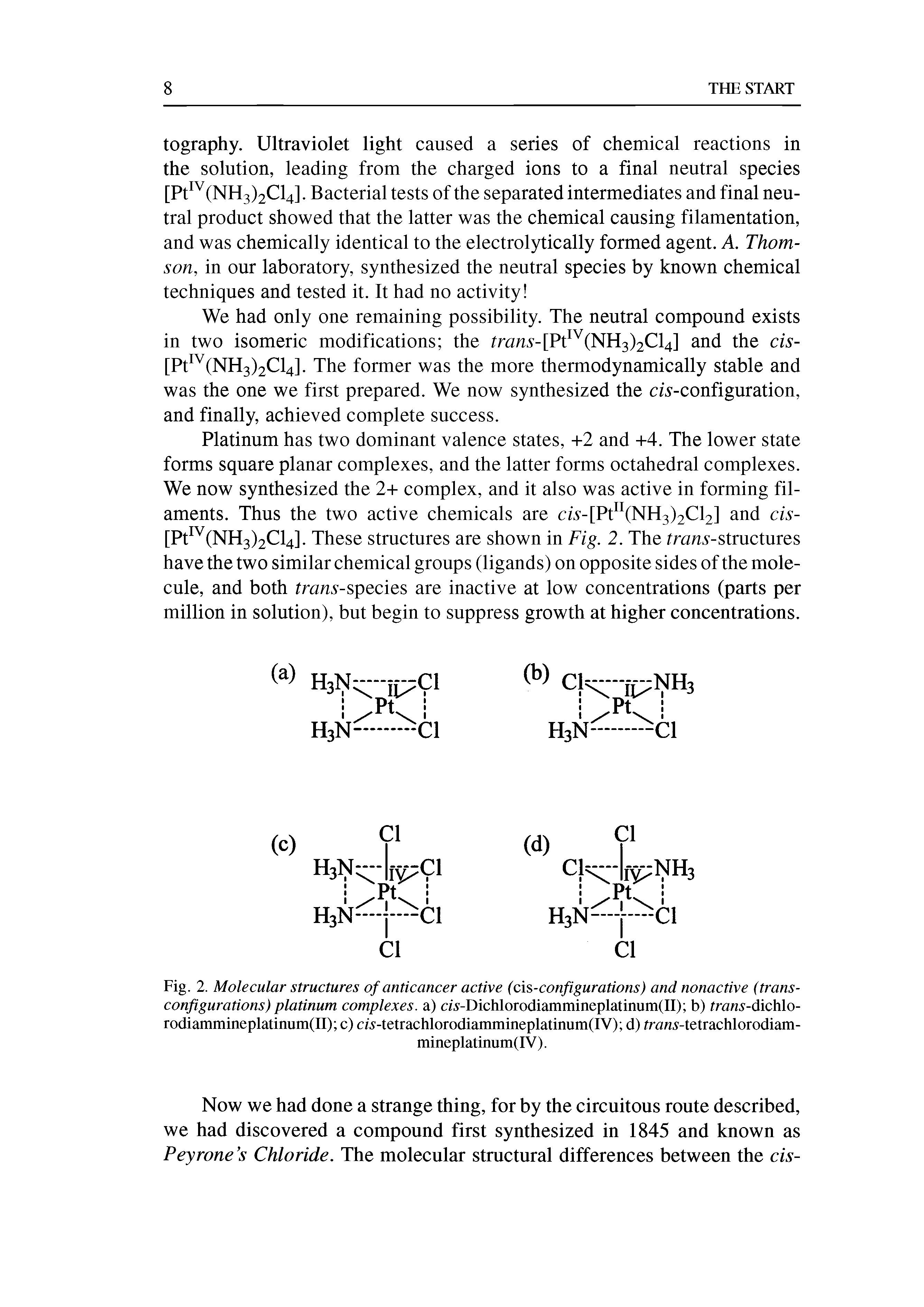 Fig. 2. Molecular structures of anticancer active (cis-configurations) and nonactive (transconfigurations) platinum complexes, a) d.v-I)ichlorodiammineplatinum(II) b) frans-dichlo-rodiammineplatinum(II) c) cw-tetrachlorodiammineplatinum(IV) d) frans-tetrachlorodiam-...