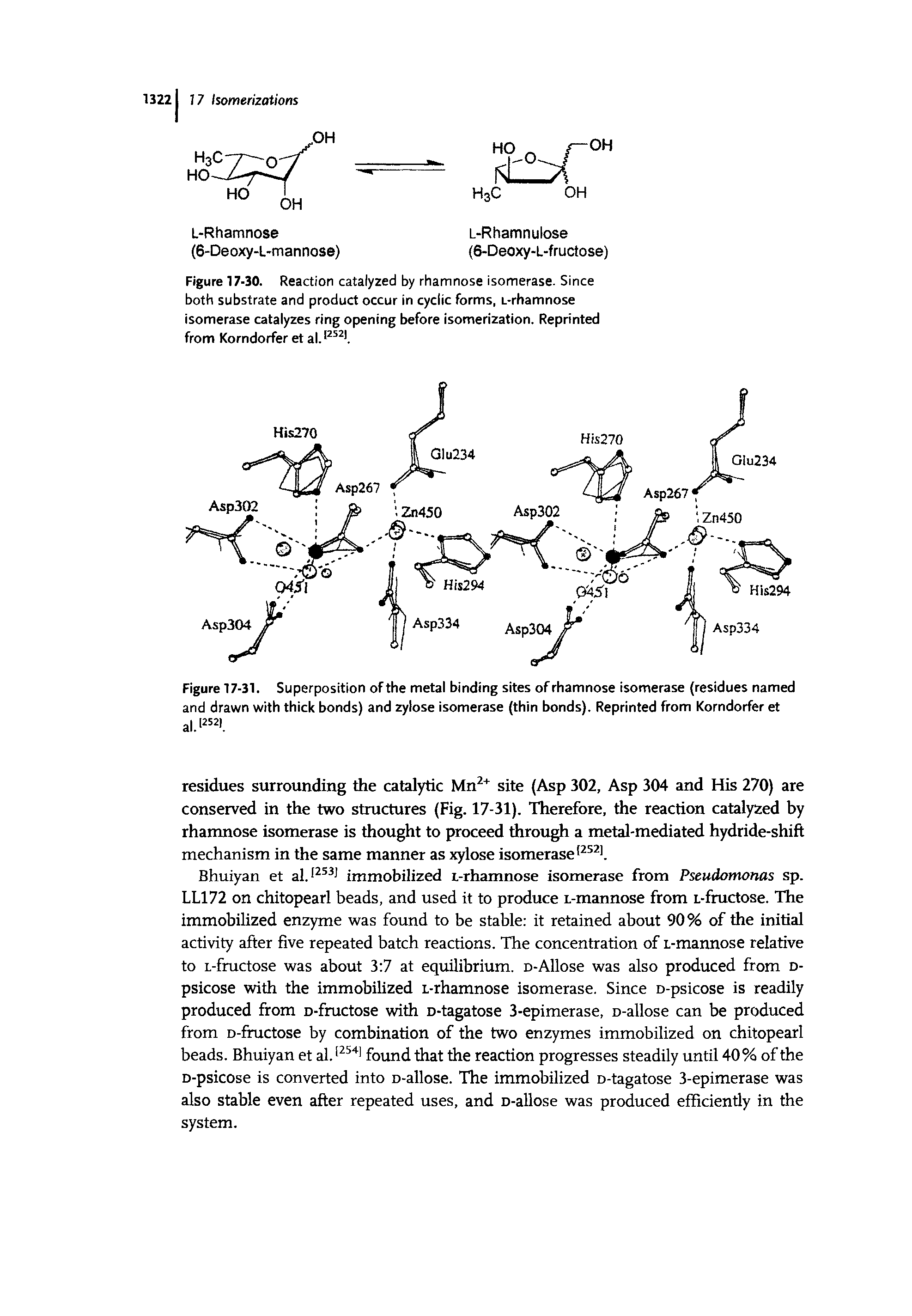 Figure 17-30. Reaction catalyzed by rhamnose isomerase. Since both substrate and product occur in cyclic forms, L-rhamnose isomerase catalyzes ring opening before isomerization. Reprinted from Korndorfer et al. 252).