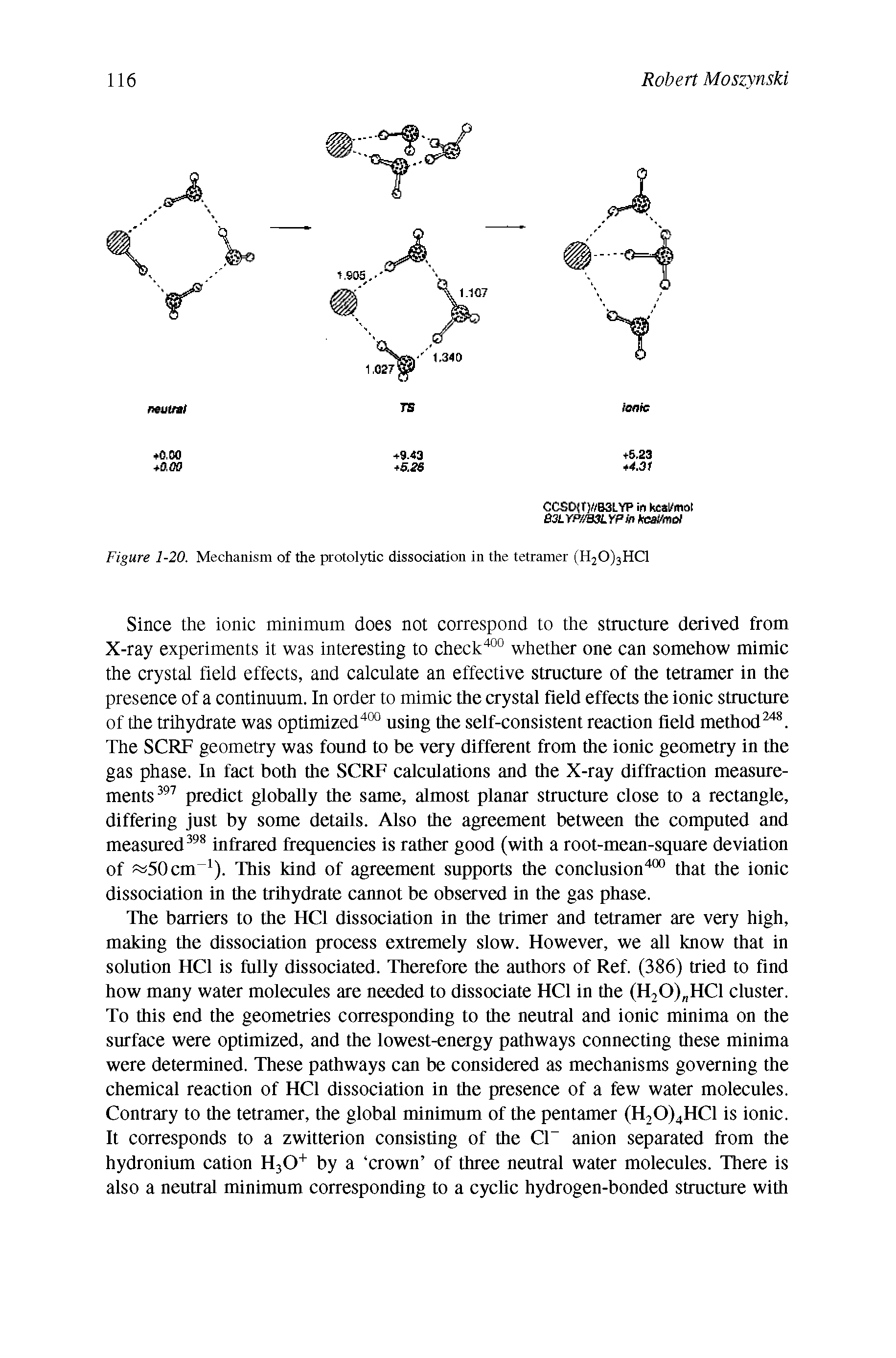 Figure 1-20. Mechanism of the protolytic dissociation in the tetramer (H20)3HC1...